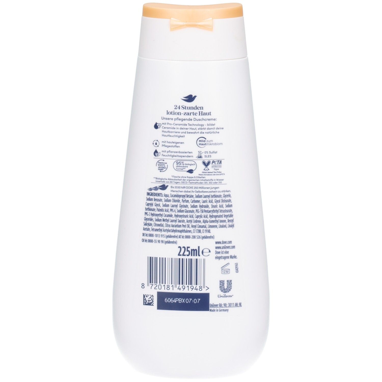 Rückseite der weißen Flasche. Aufdrucke: 24 Stunden lotion-zarte Haut, Inhaltsstoffe, 225ml, Barcode, Dove Logo, Unilever Logo.