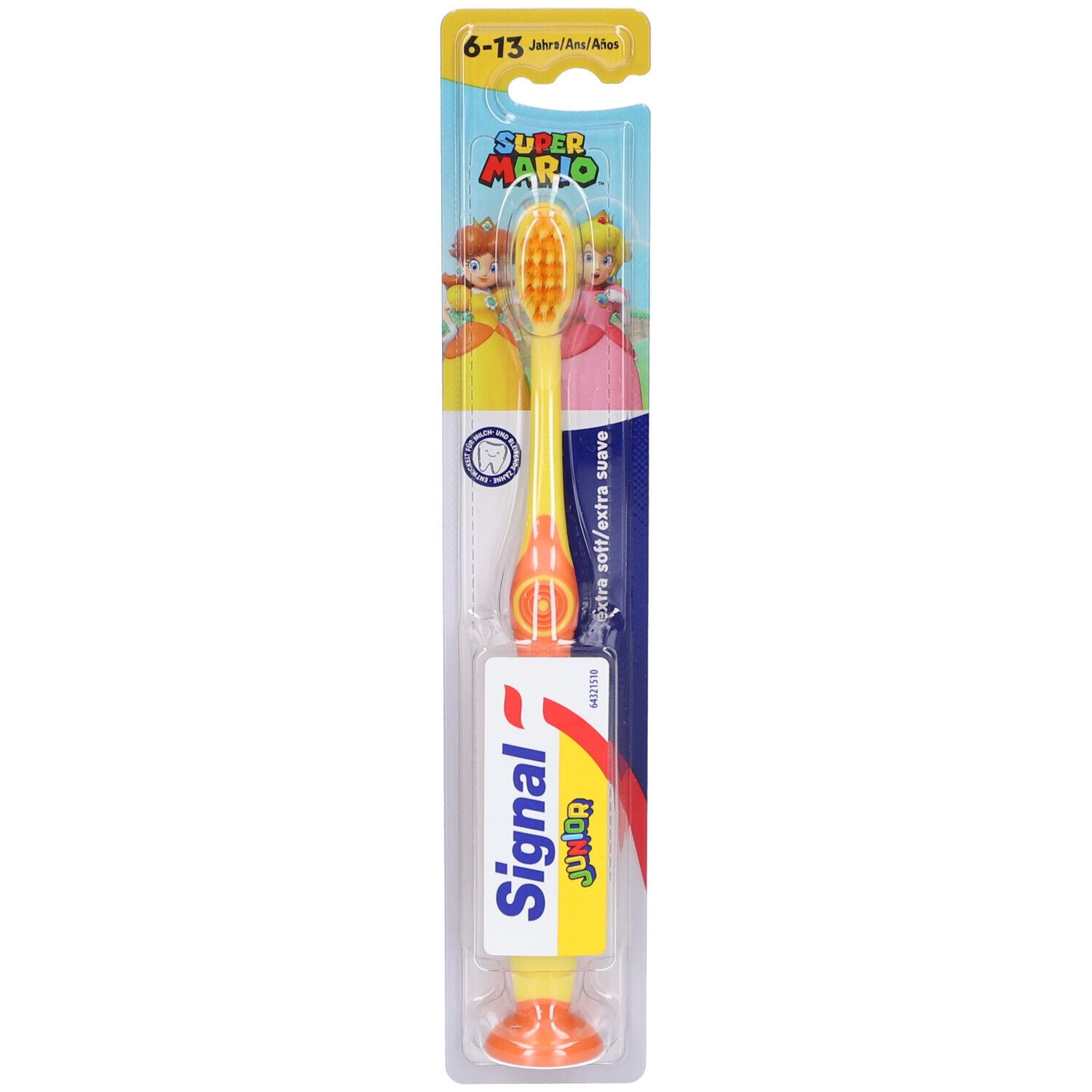 Brosse à dents dans emballage. Manche jaune, ventouse orange. Inscription : Signal Junior, Super Mario. Soies jaunes.