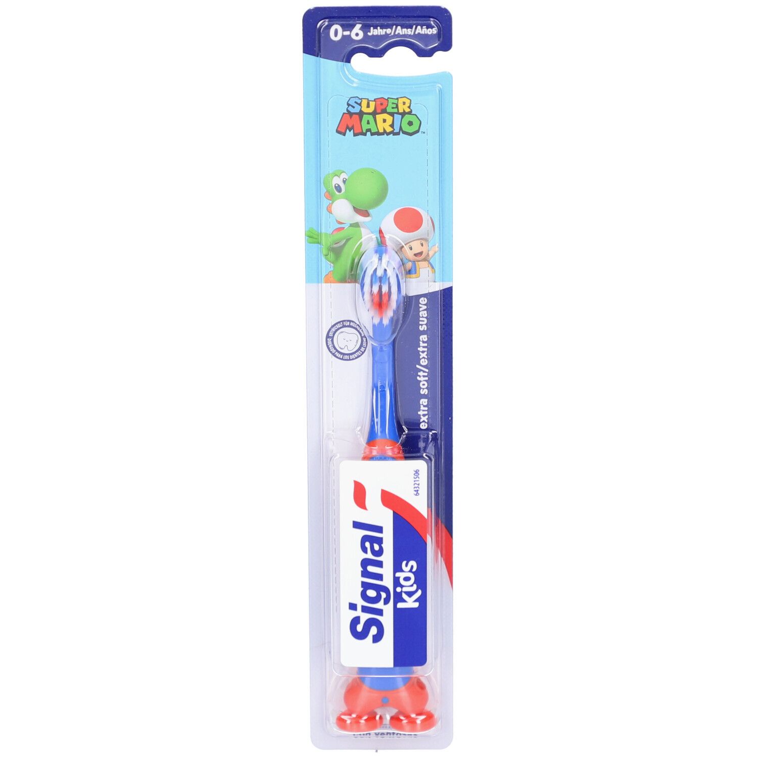 Zahnbürste für Kinder, blau-rot, mit Super Mario-Motiv, in Blisterverpackung. Marke: Signal Kids.