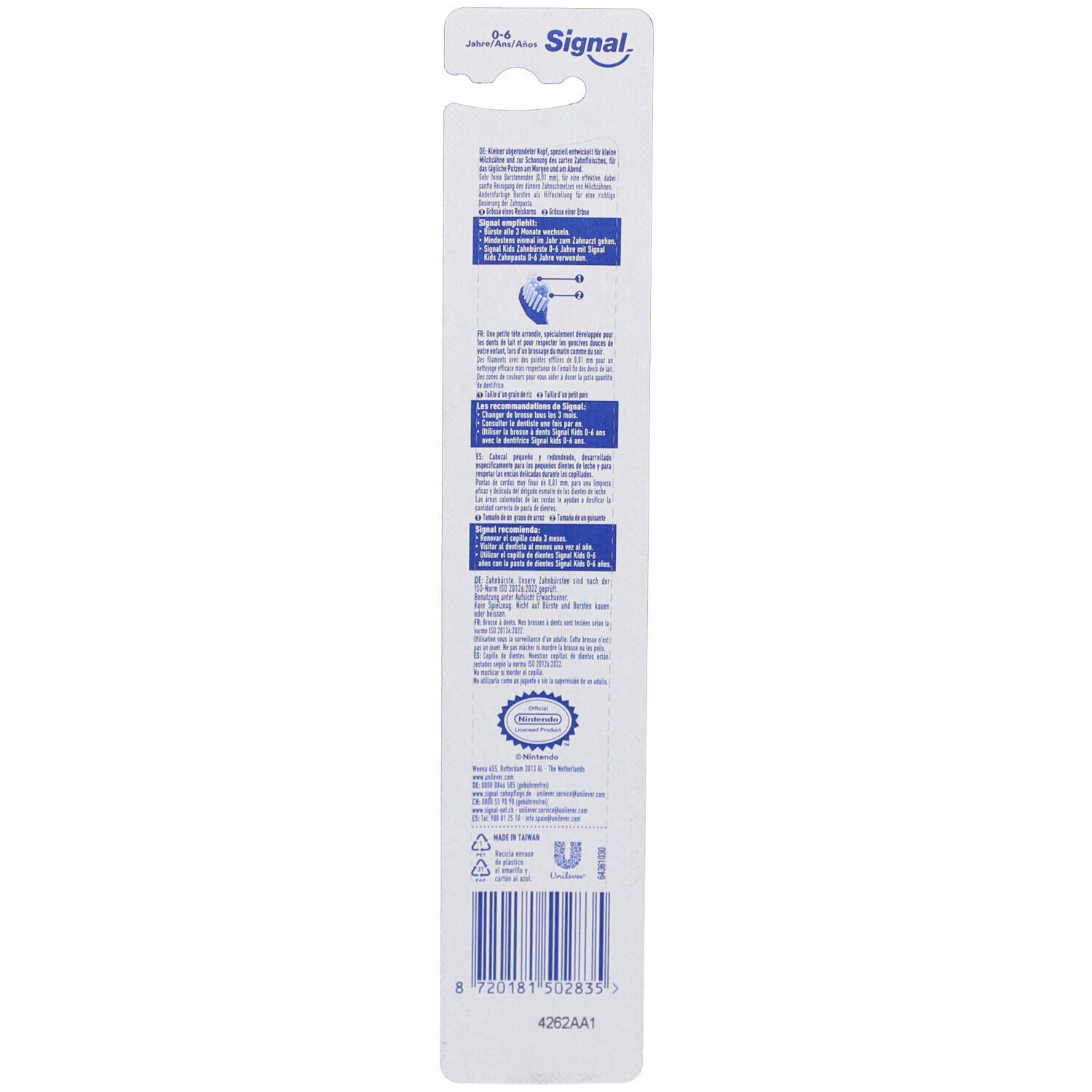 Rückseite der Zahnbürstenverpackung. Text in mehreren Sprachen, Recycling-Symbole, Barcode und Markenlogo.