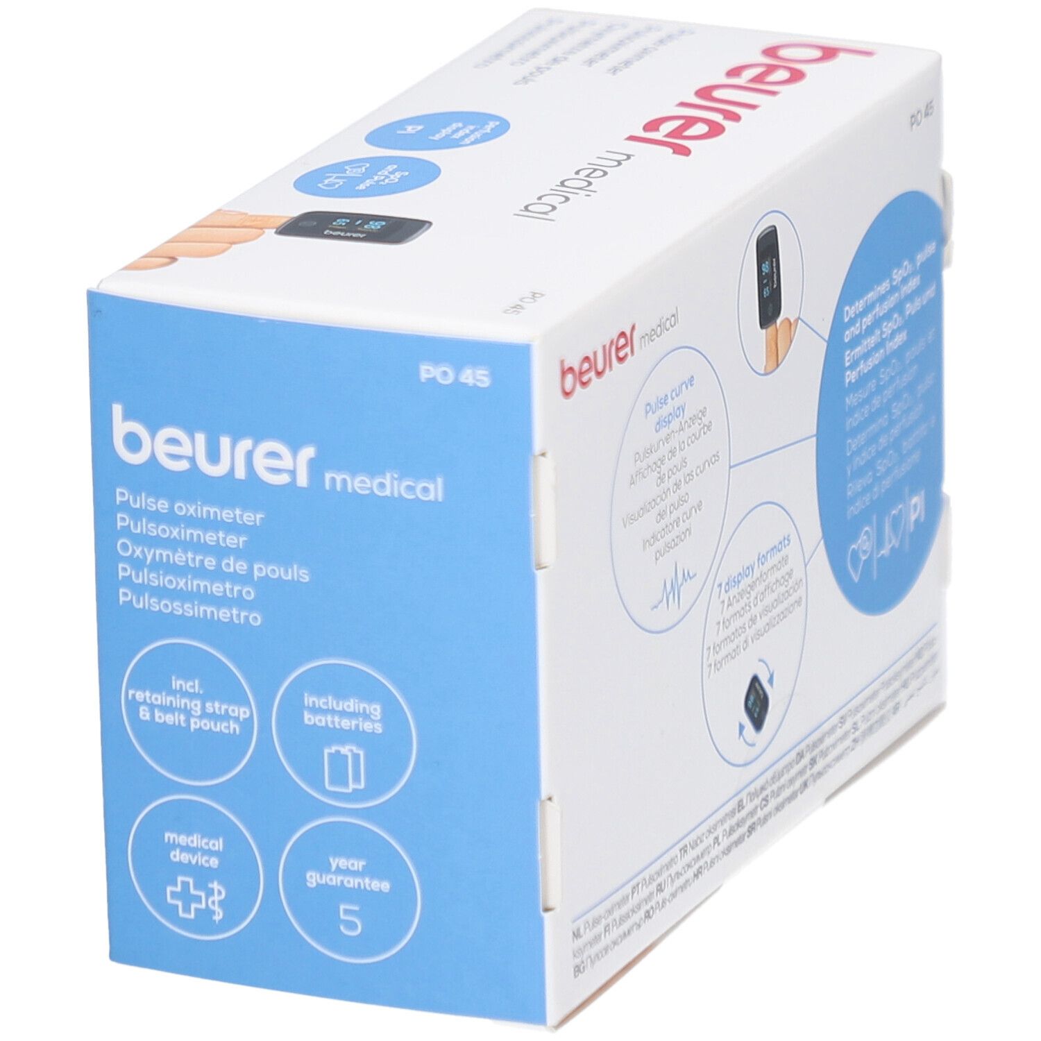 Beurer PO 45 Pulsoximeter schwarz in Verpackung. Box mit Produktabbildung und Markennamen. Blaue Kreise.