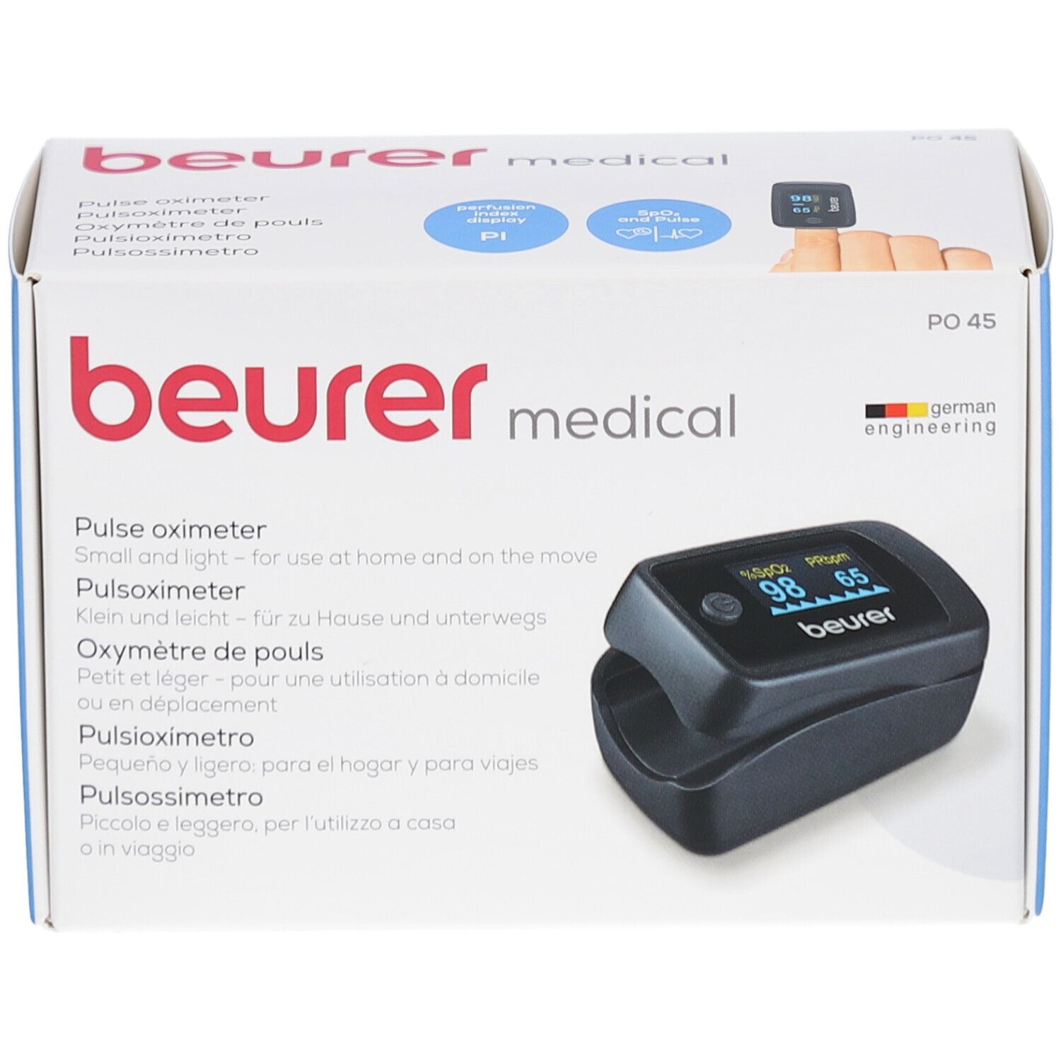 Beurer PO 45 Pulsoximeter schwarz in Verpackung. Box mit Produktabbildung und Markennamen. German Engineering.