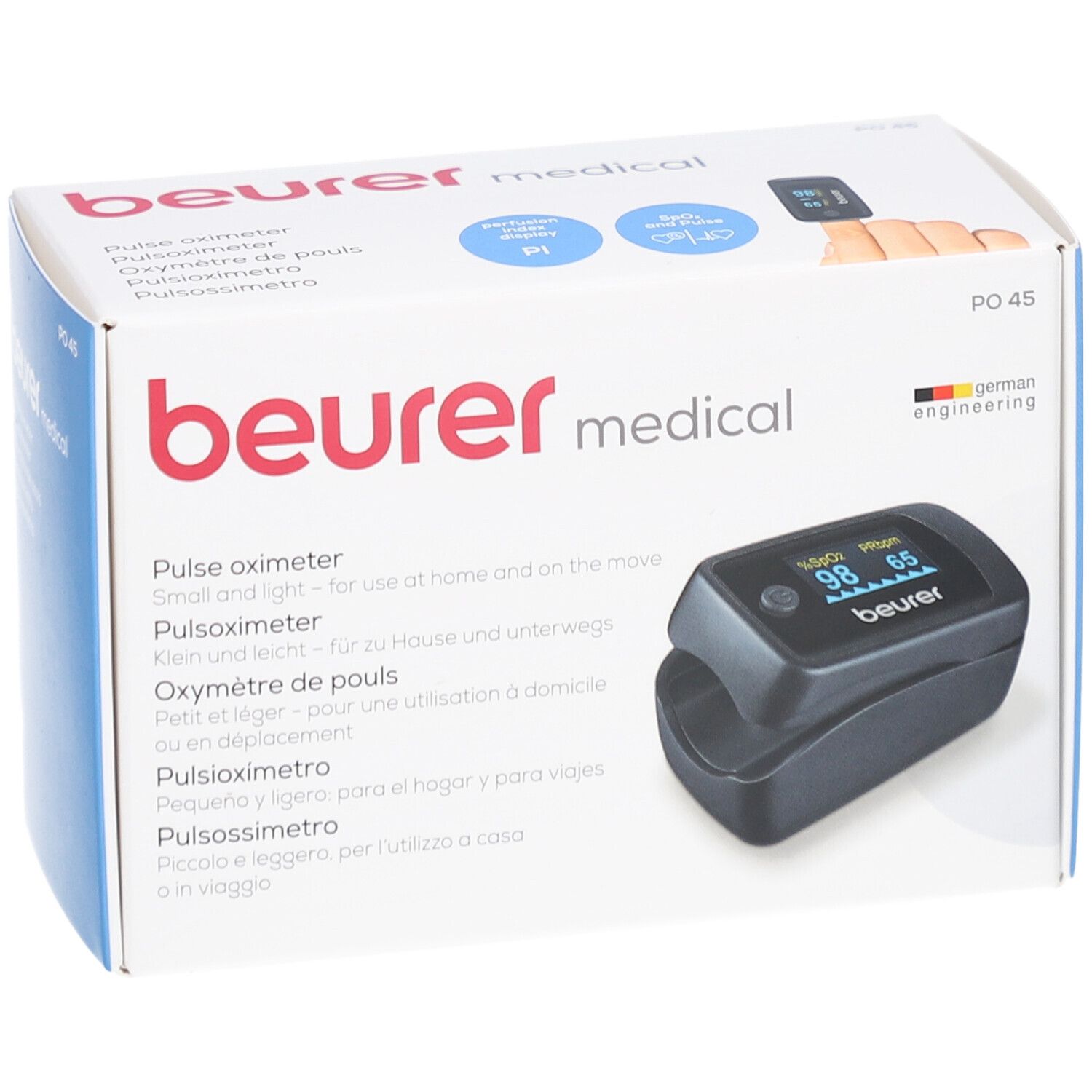 Beurer PO 45 Pulsoximeter schwarz in Verpackung. Box mit Produktabbildung und Markennamen. German Engineering.