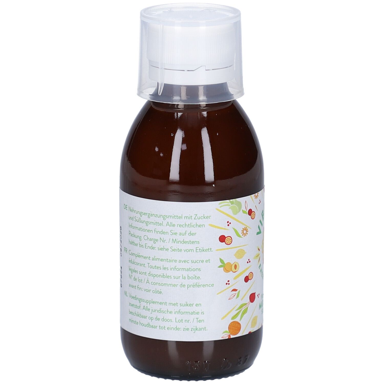 Flacon en verre brun avec bouchon blanc. Étiquette avec texte et illustrations. Informations produit en allemand, français et néerlandais.