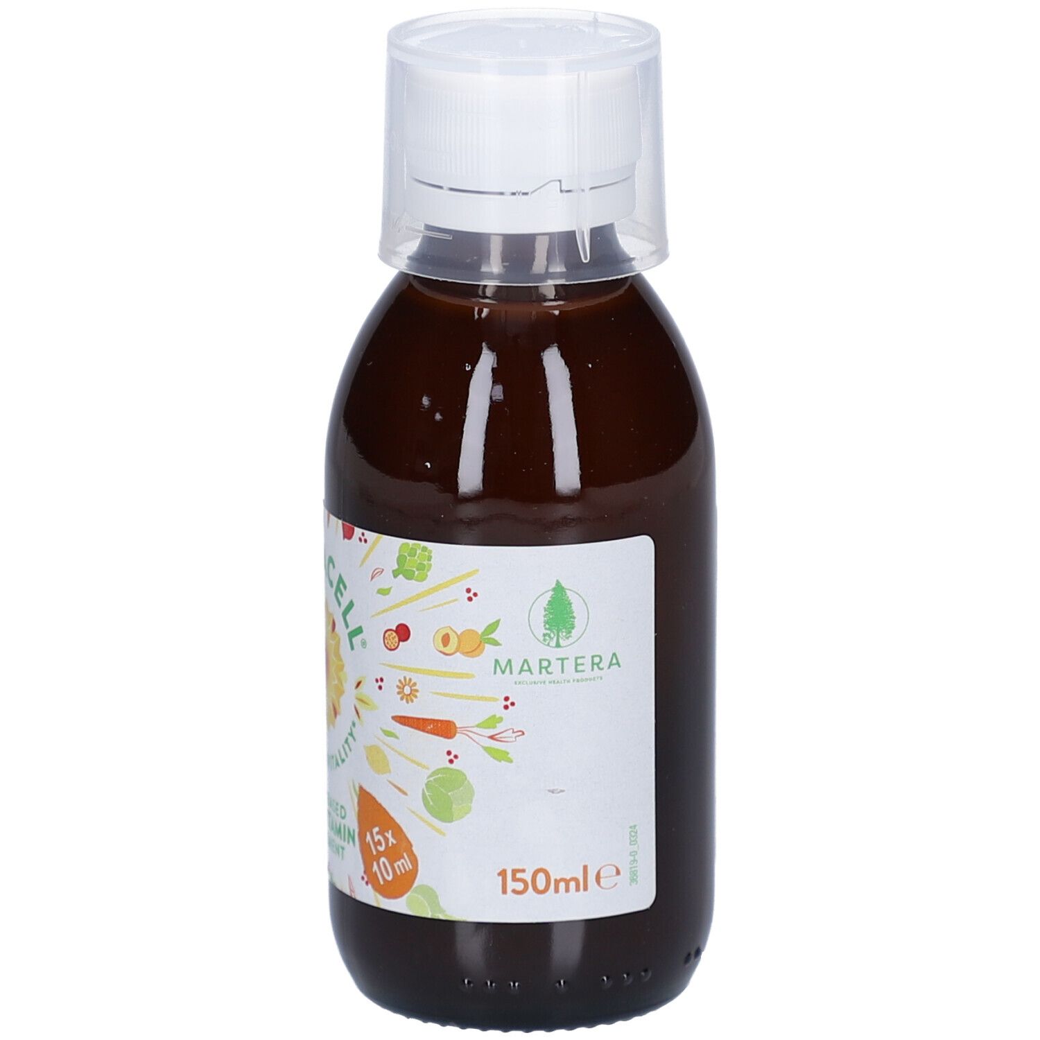 Flacon en verre brun avec bouchon blanc. Étiquette avec nom du produit, logo et indication de contenu. Flacon de 150 ml.