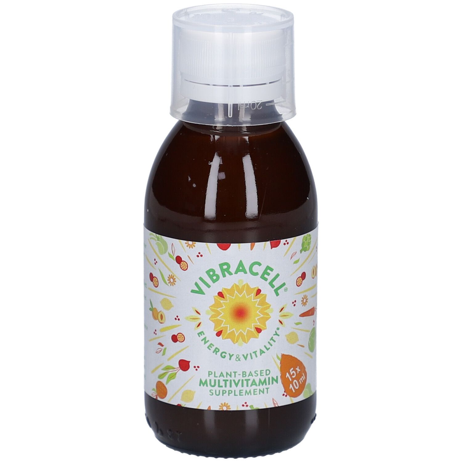 Flacon en verre brun avec bouchon blanc. Étiquette avec nom du produit, logo et informations. Complément multivitamines à base de plantes.