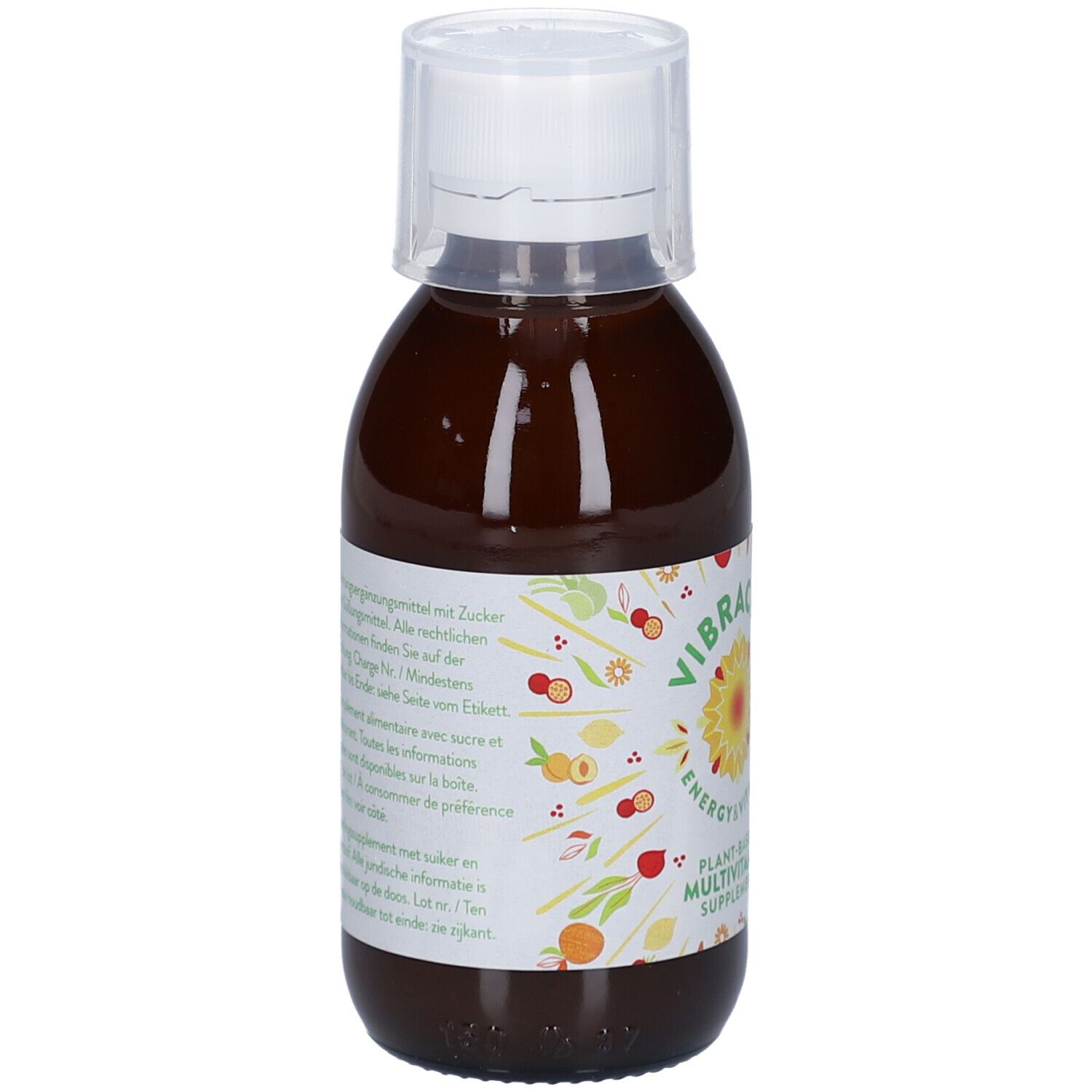 Flacon en verre brun avec bouchon blanc. Étiquette avec nom du produit, logo et informations. Complément multivitamines à base de plantes.