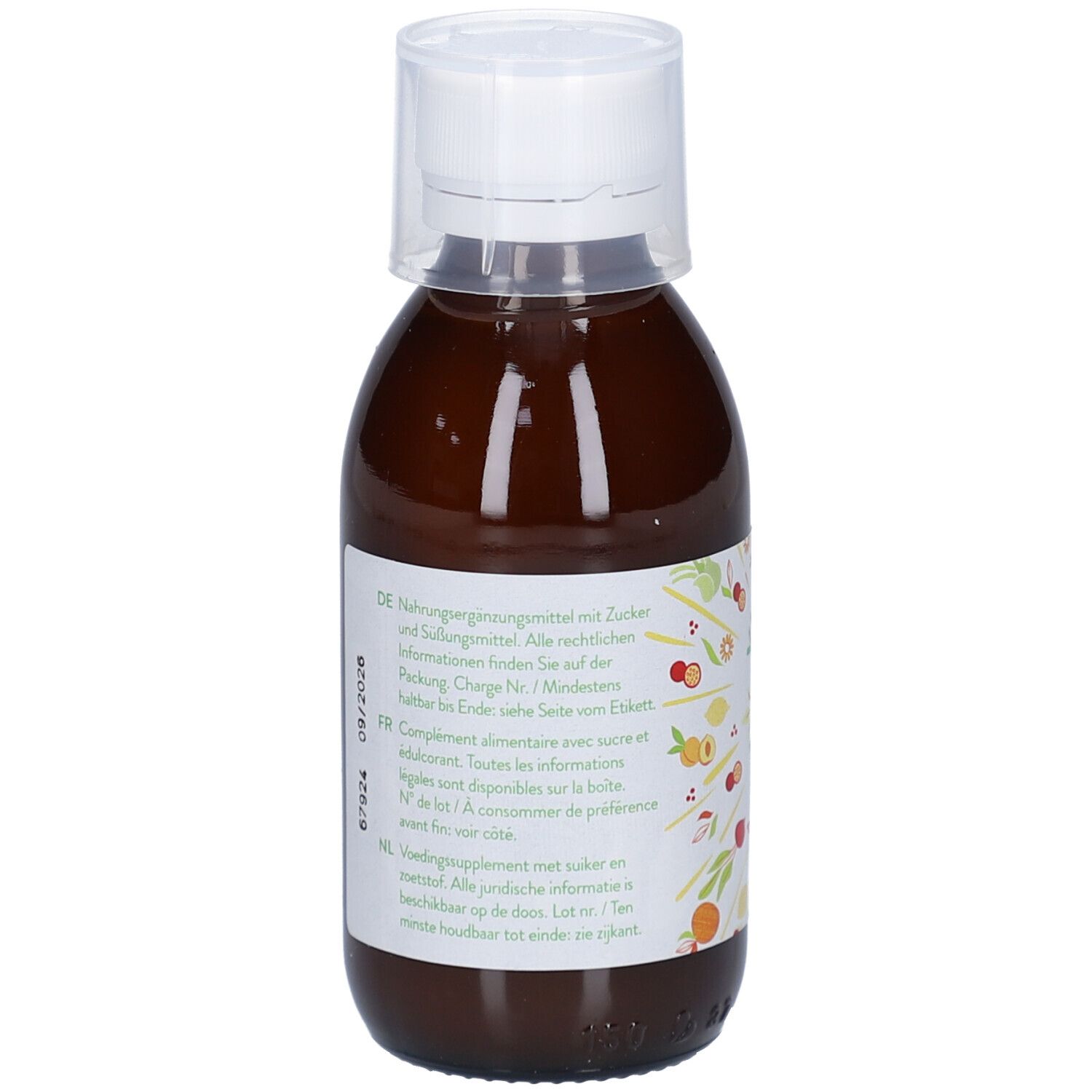 Flacon en verre brun avec bouchon blanc. Étiquette avec texte, numéro de lot et date de péremption. Informations en allemand, français et néerlandais.