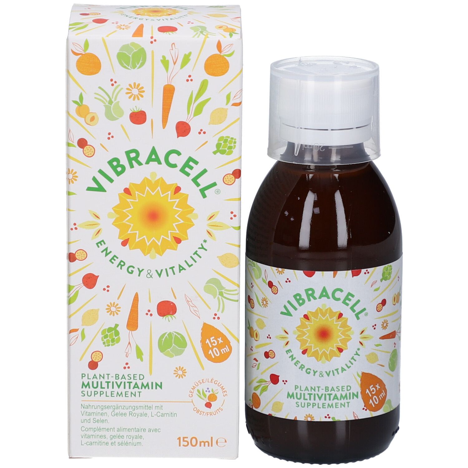 Flacon et emballage du produit. Emballage blanc avec nom du produit, logo et informations. Flacon de 150 ml.