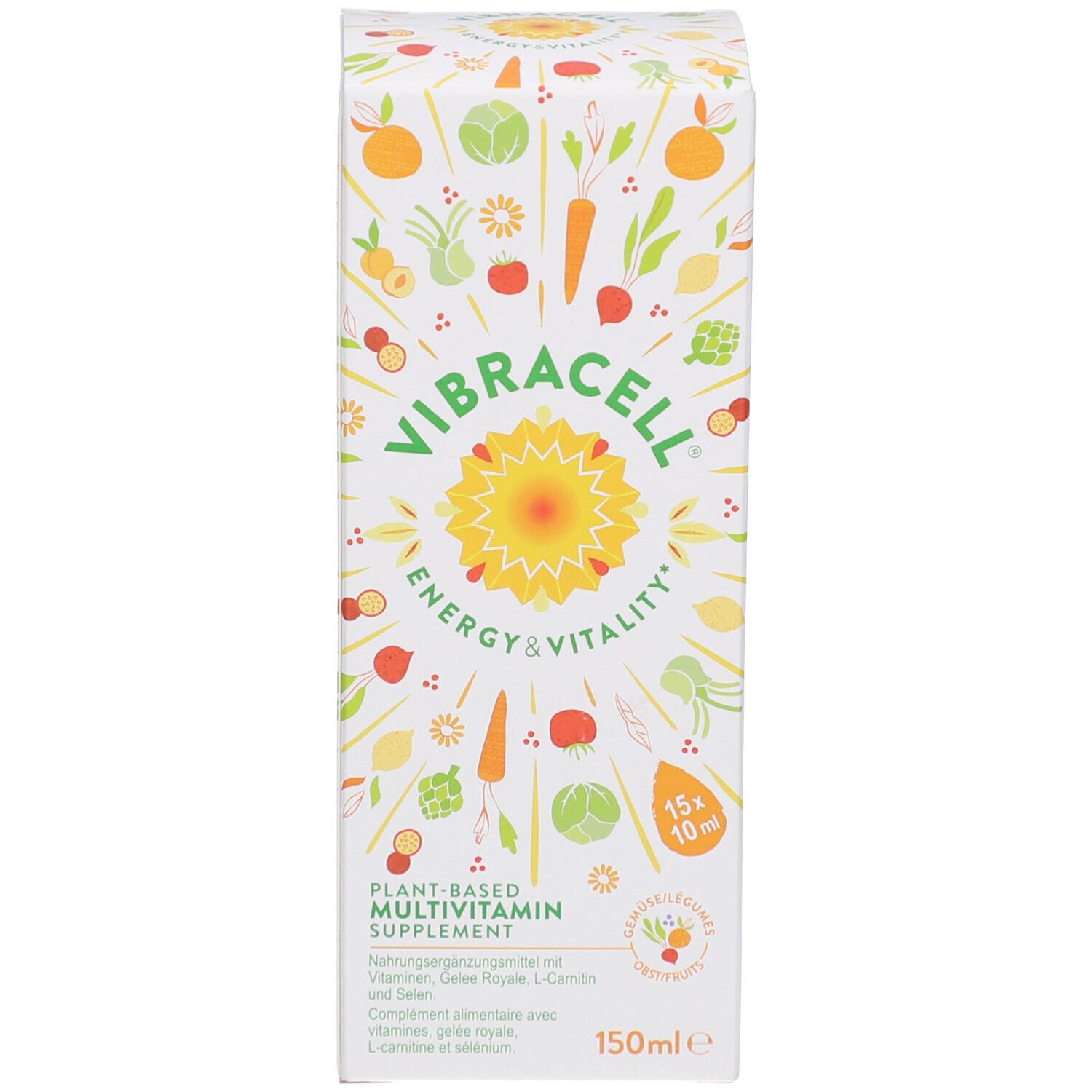 Emballage blanc avec nom du produit, logo et informations. Complément multivitamines à base de plantes. 150 ml.