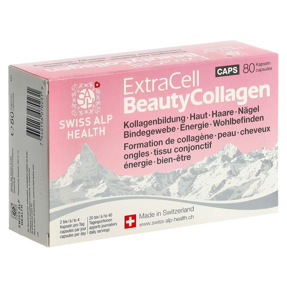 Rosa Schachtel mit "ExtraCell Beauty Collagen" und 80 Kapseln. Enthält Informationen zu Haut, Haaren, Nägeln und Wohlbefinden.
