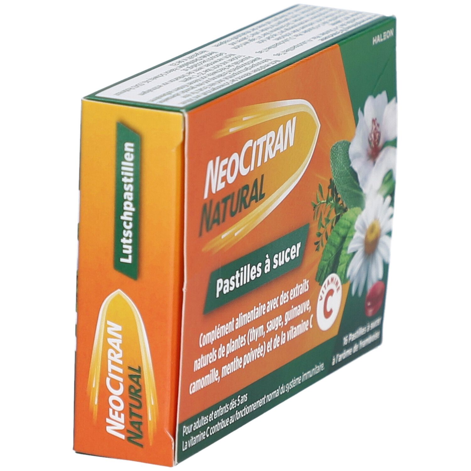 Schachtel von NEOCITRAN NATURAL Lutschpastillen. Orange-grüne Verpackung, Produktname und Text. Ansicht von der Seite.