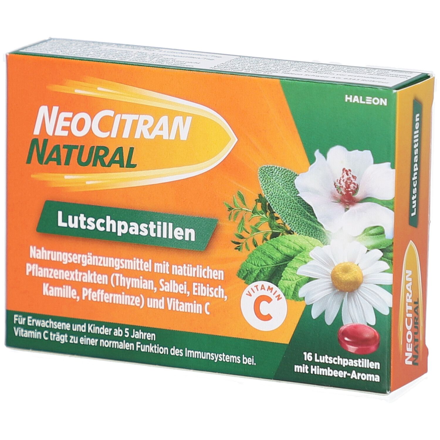 Verpackung von NEOCITRAN NATURAL Lutschpastillen. Orange-grüne Schachtel mit Produktnamen, Inhaltsstoffen und 16 Pastillen.