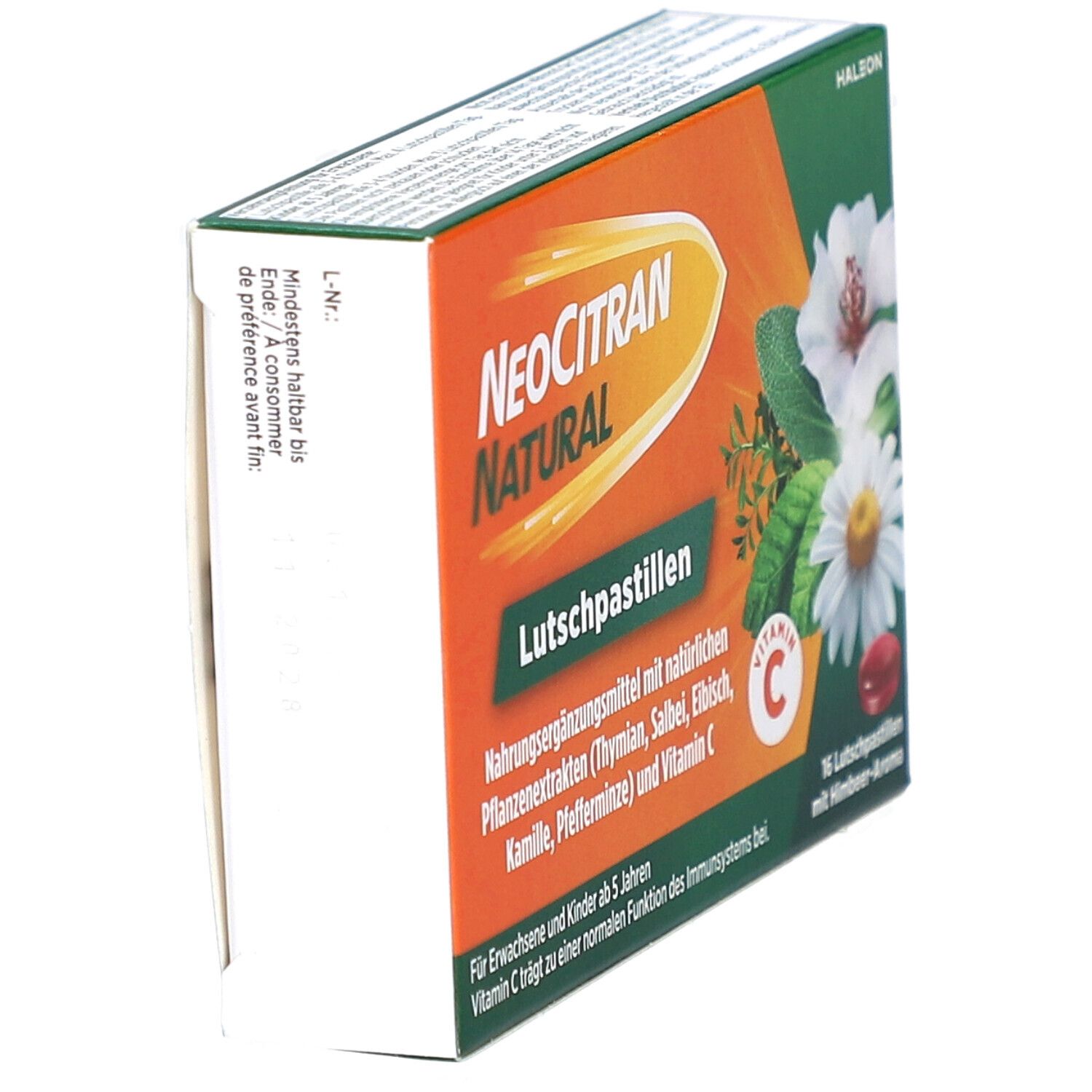 Schachtel von NEOCITRAN NATURAL Lutschpastillen. Orange-grüne Verpackung, Produktname und Text. Ansicht von der Seite.