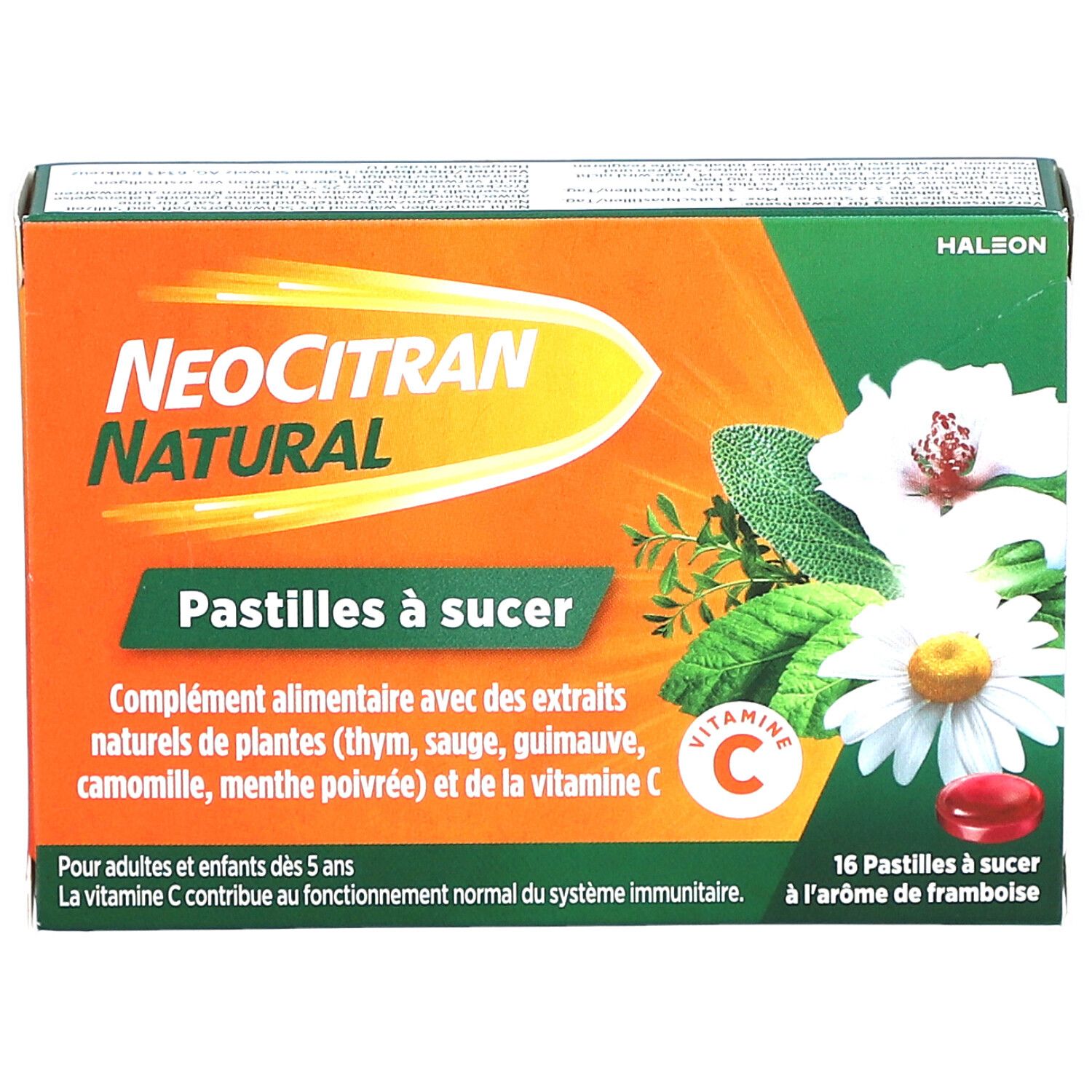 Verpackung von NEOCITRAN NATURAL Lutschpastillen. Orange-grüne Schachtel mit Produktnamen, Inhaltsstoffen und 16 Pastillen.