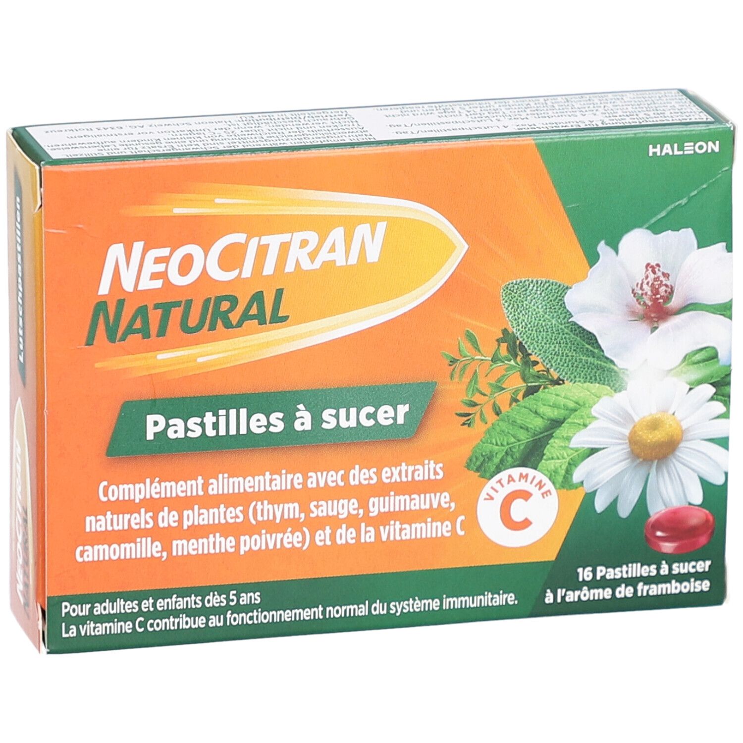 Verpackung von NEOCITRAN NATURAL Lutschpastillen. Orange-grüne Schachtel mit Produktnamen, Inhaltsstoffen und 16 Pastillen.