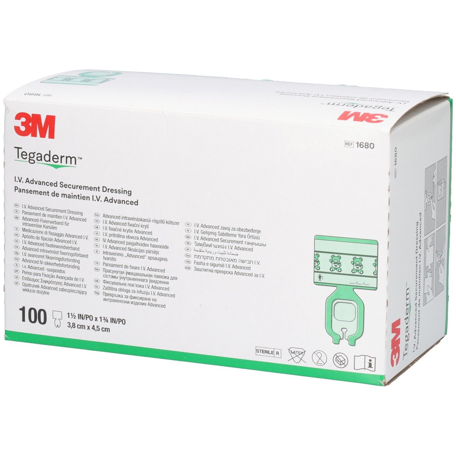 Weißer Karton mit 3M Tegaderm Aufdruck. Enthält 100 Stück. Abmessungen: 3,8 x 4,5 cm. Sterile Verpackung.