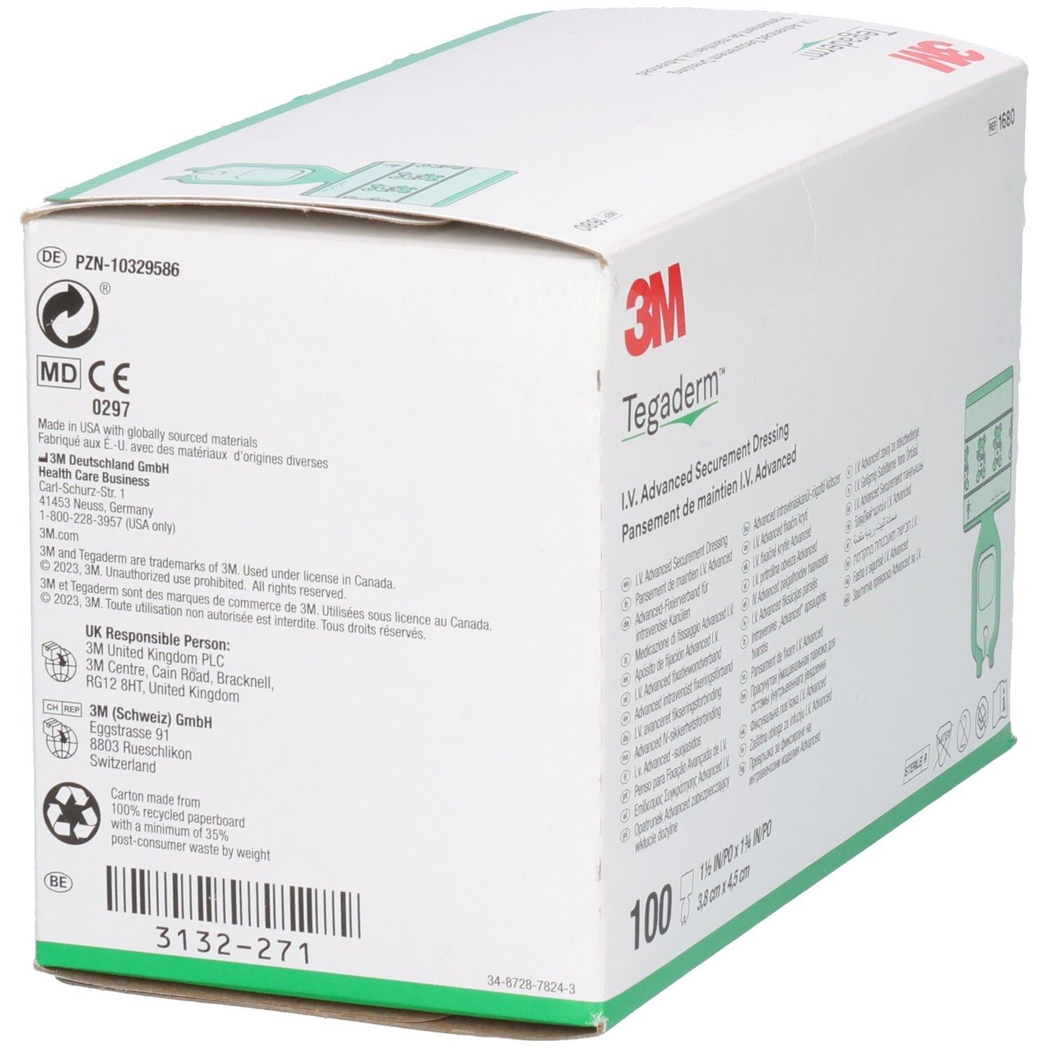 Rückseite der weißen 3M Tegaderm Box. Enthält Informationen und Logos. Recycelbares Material.