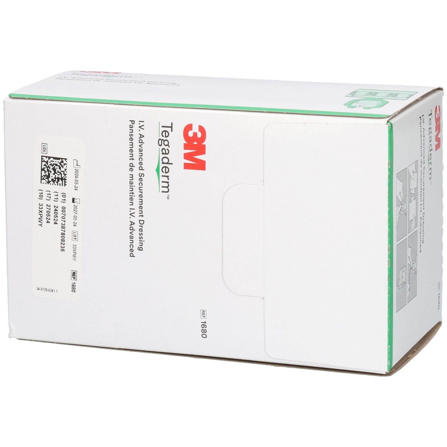 Weiße 3M Tegaderm Box mit Aufdruck. Enthält Informationen und ein Etikett. Grüne Akzente.