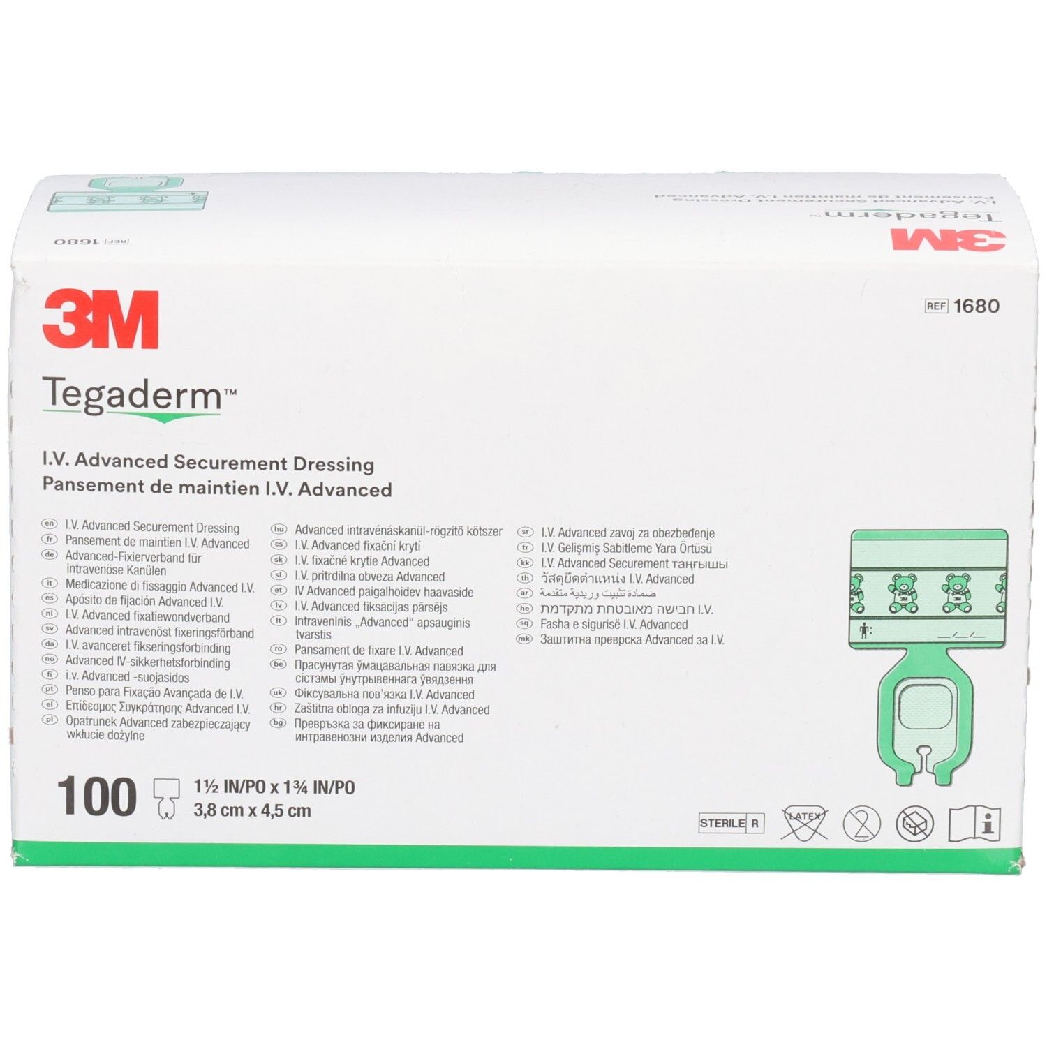 Weiße 3M Tegaderm Box. Enthält 100 Stück. Abmessungen: 3,8 x 4,5 cm. Sterile Verpackung.