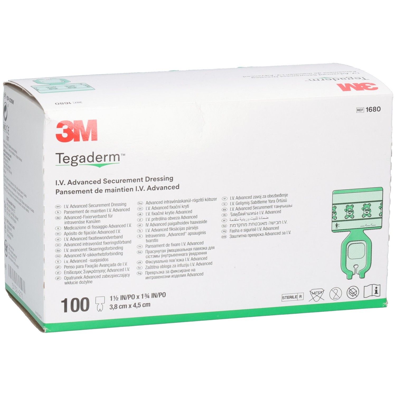 Weiße 3M Tegaderm Box. Enthält 100 Stück. Abmessungen: 3,8 x 4,5 cm. Sterile Verpackung.