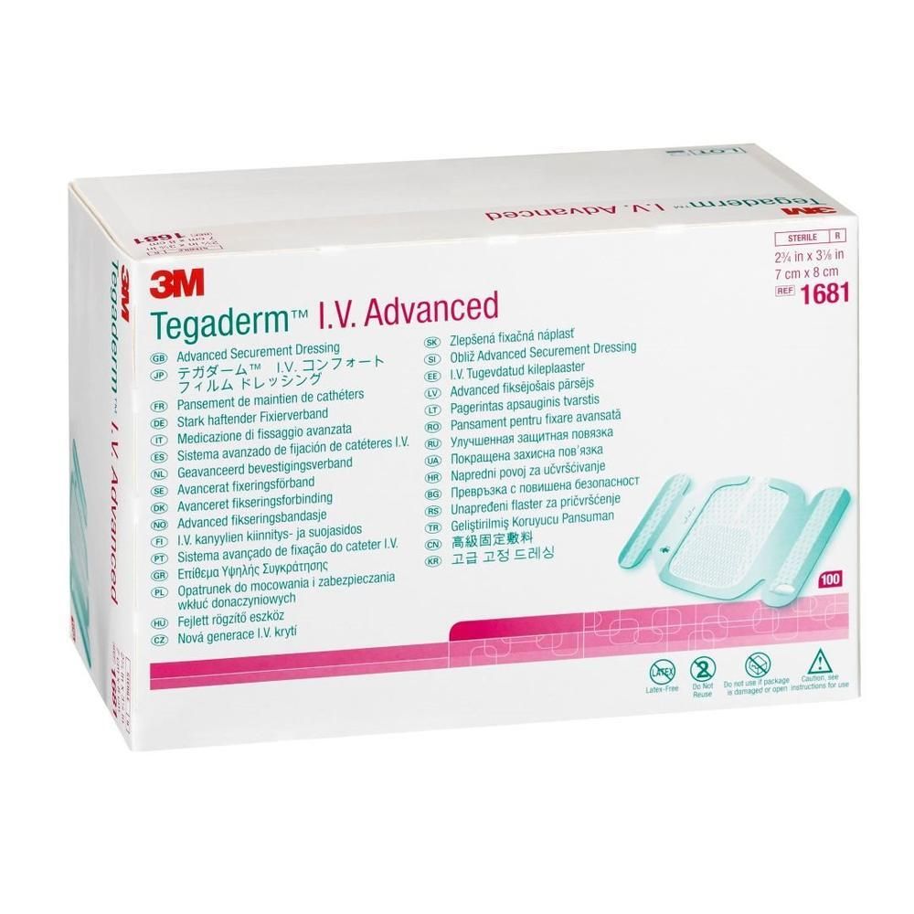 3M Tegaderm IV Advanced Packung. Enthält 100 Stück. Abmessungen 7x8cm. Mehrsprachige Produktinformationen auf der Verpackung.