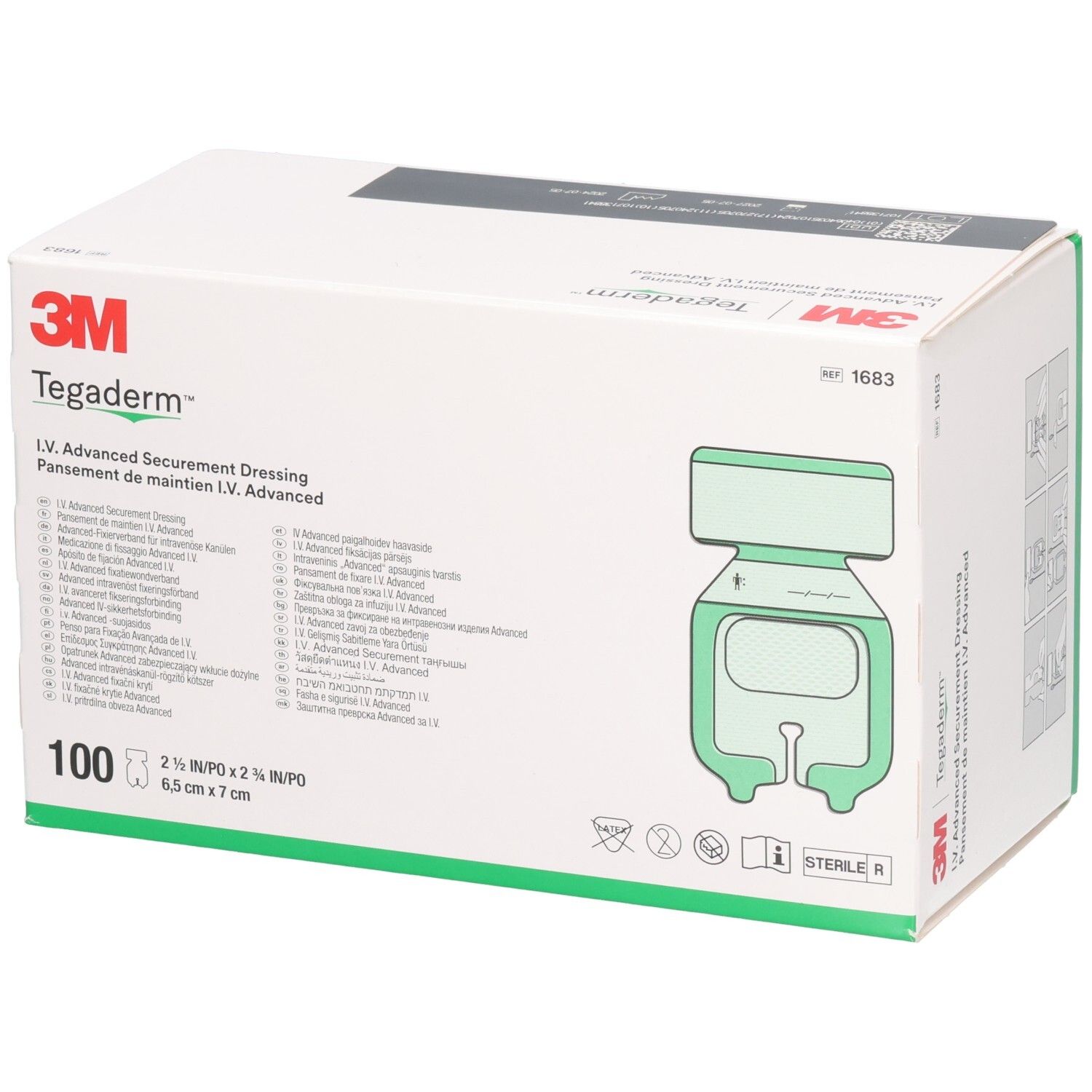 3M Tegaderm Verband-Box. Enthält 100 Verbände. Aufdruck: 6,5 cm x 7 cm. Grün abgebildeter Verband. Produktname und Marke deutlich sichtbar.