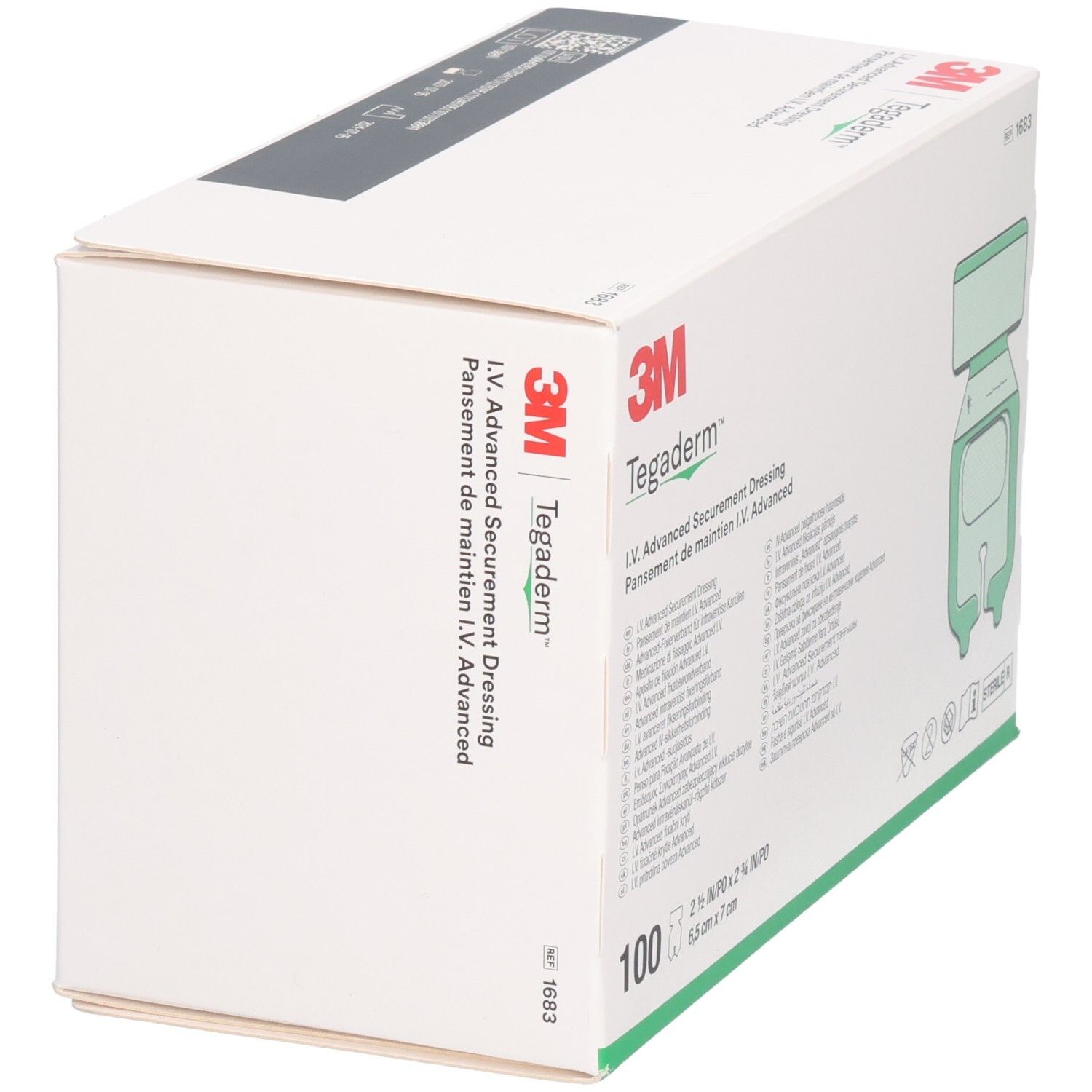 3M Tegaderm Box, schräg von vorne. Produktname und Marke sichtbar. Enthält 100 Verbände. Aufdruck: 6,5 cm x 7 cm. Box weiß mit grünen Akzenten.