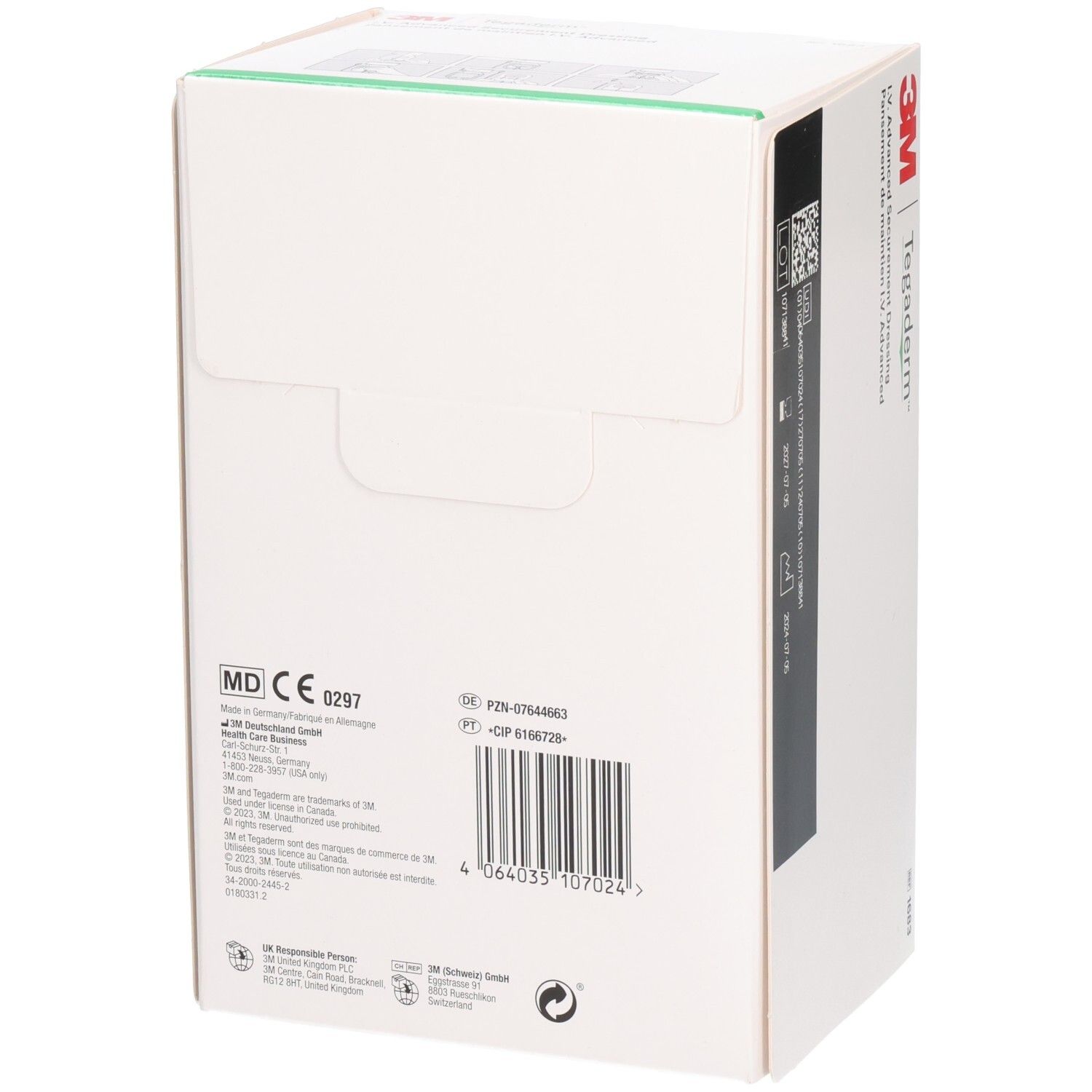 Rückseite der 3M Tegaderm Box. Barcode, CE-Kennzeichnung und weitere Informationen. Box weiß mit grünen und schwarzen Details.