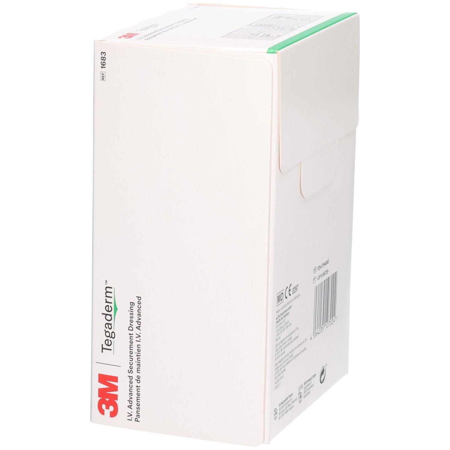 3M Tegaderm Box, schräg von der Seite. Produktname und Marke sichtbar. Box weiß mit grünen Akzenten. Aufdruck: 6,5 cm x 7 cm.