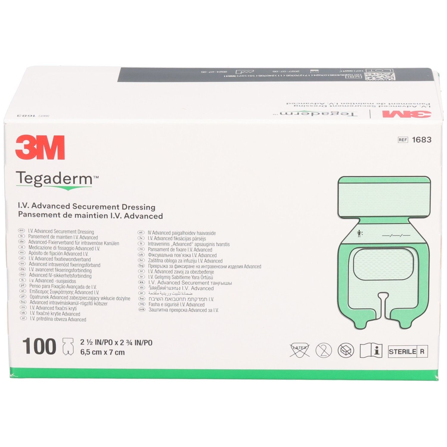 3M Tegaderm Box. Enthält 100 Verbände. Aufdruck: 6,5 cm x 7 cm. Grün abgebildeter Verband. Produktname und Marke deutlich sichtbar.