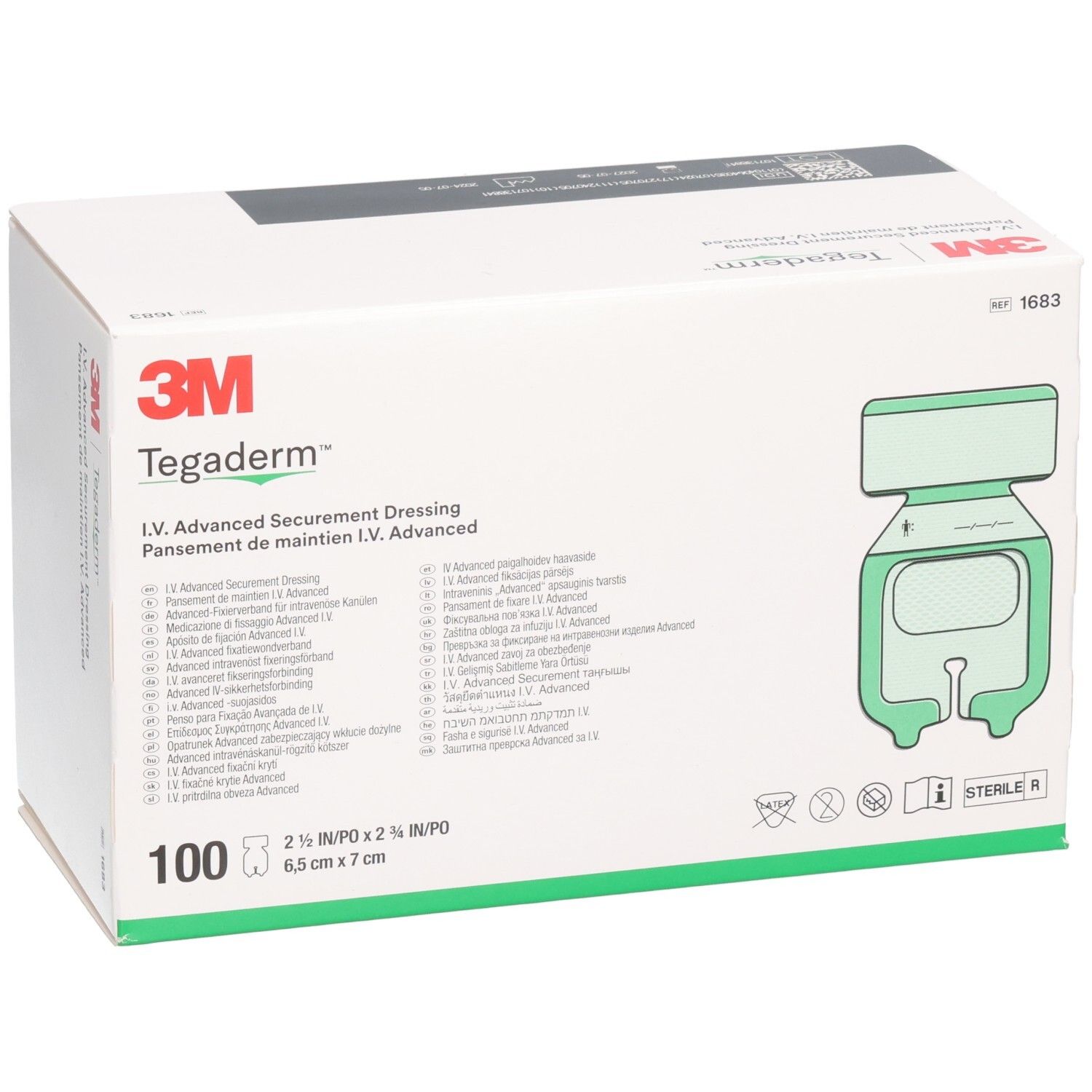 3M Tegaderm Box. Enthält 100 Verbände. Aufdruck: 6,5 cm x 7 cm. Grün abgebildeter Verband. Produktname und Marke deutlich sichtbar.