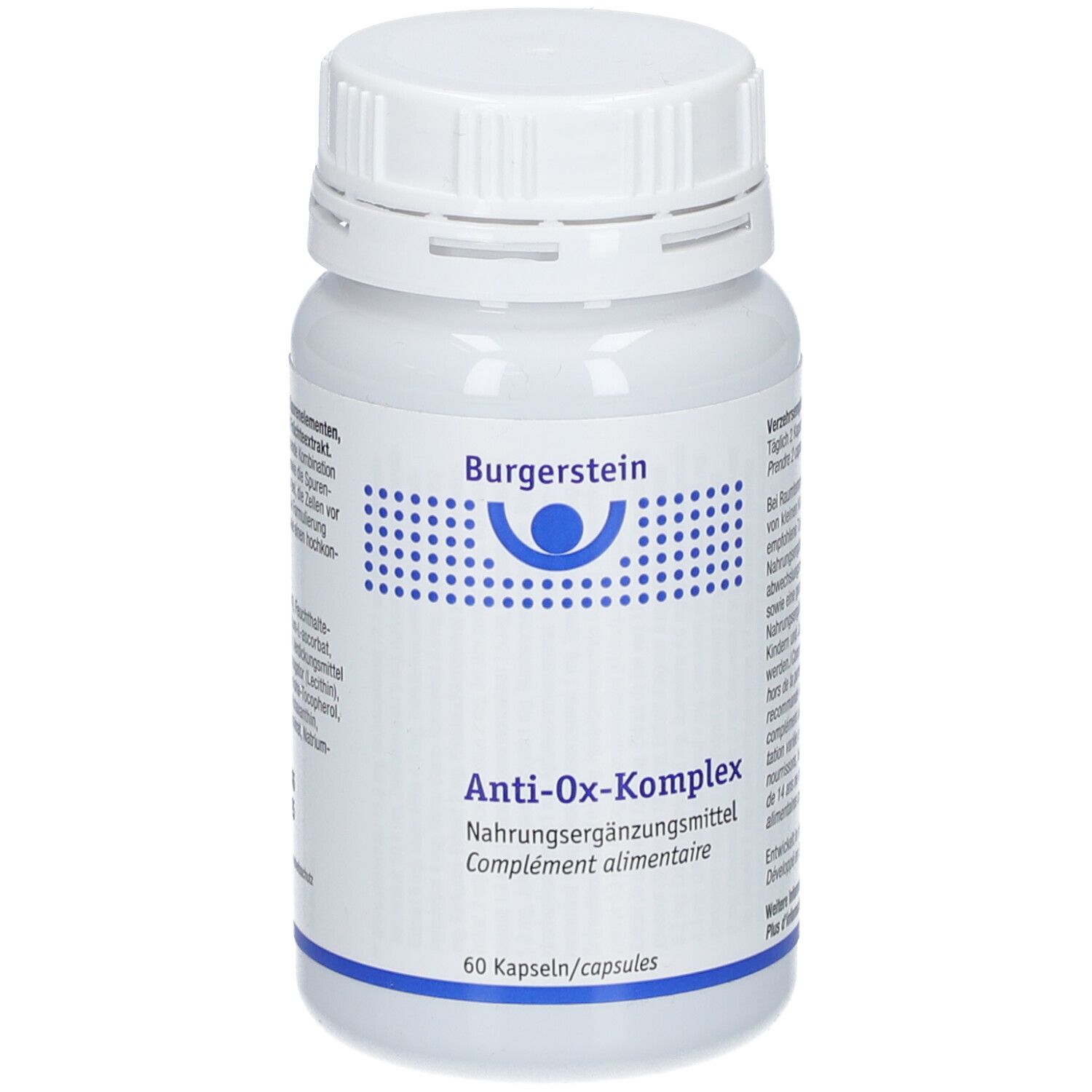 Weiße Flasche mit Schraubverschluss. Aufschrift: Burgerstein, Anti-Ox-Komplex, Nahrungsergänzungsmittel, 60 Kapseln.