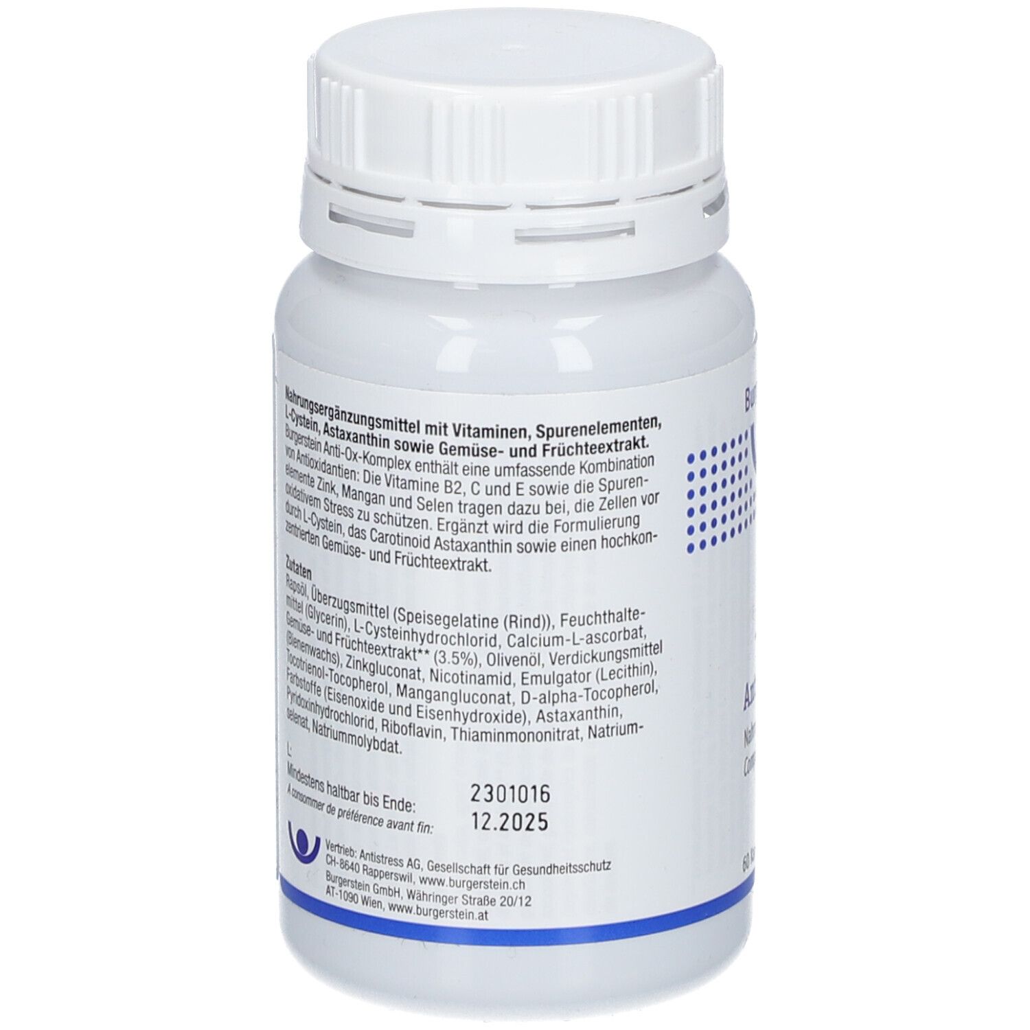 Rückseite der weißen Flasche. Text mit Inhaltsstoffen und Informationen. Mindesthaltbarkeitsdatum: 12.2025.