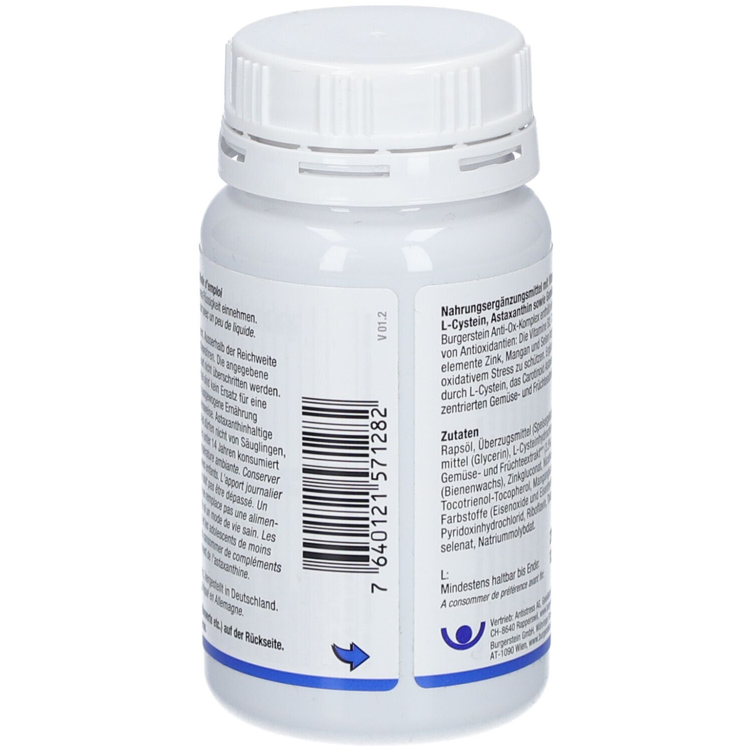 Rückseite der weißen Flasche. Barcode und Text. Pfeil zeigt nach rechts.