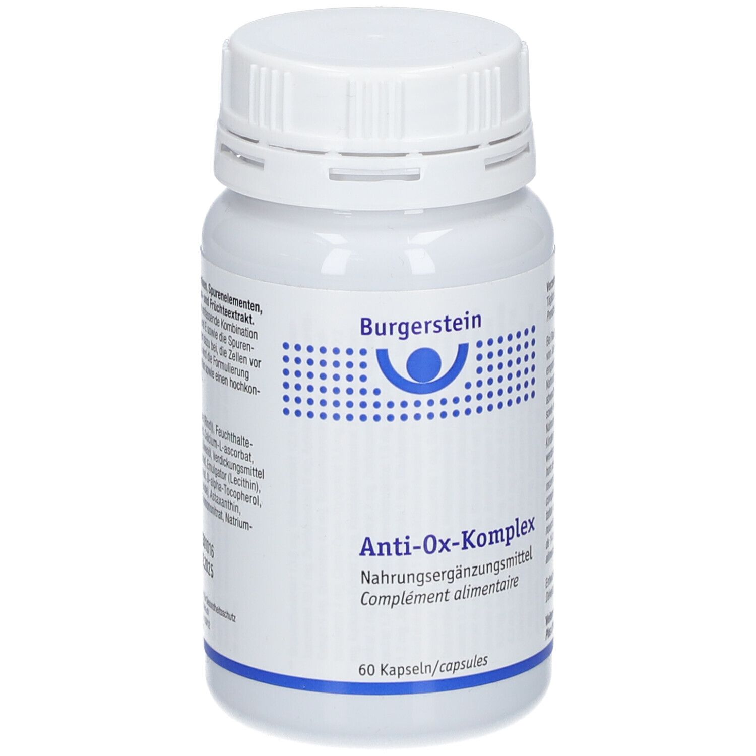 Weiße Flasche mit Schraubverschluss. Aufschrift: Burgerstein, Anti-Ox-Komplex, Nahrungsergänzungsmittel, 60 Kapseln.