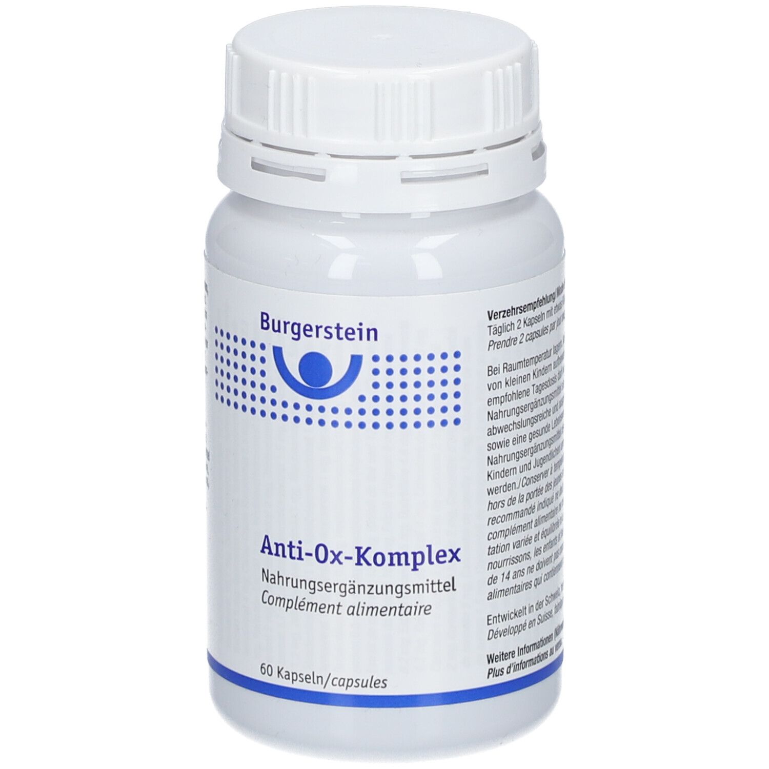 Weiße Flasche mit Schraubverschluss. Aufschrift: Burgerstein, Anti-Ox-Komplex, Nahrungsergänzungsmittel, 60 Kapseln.