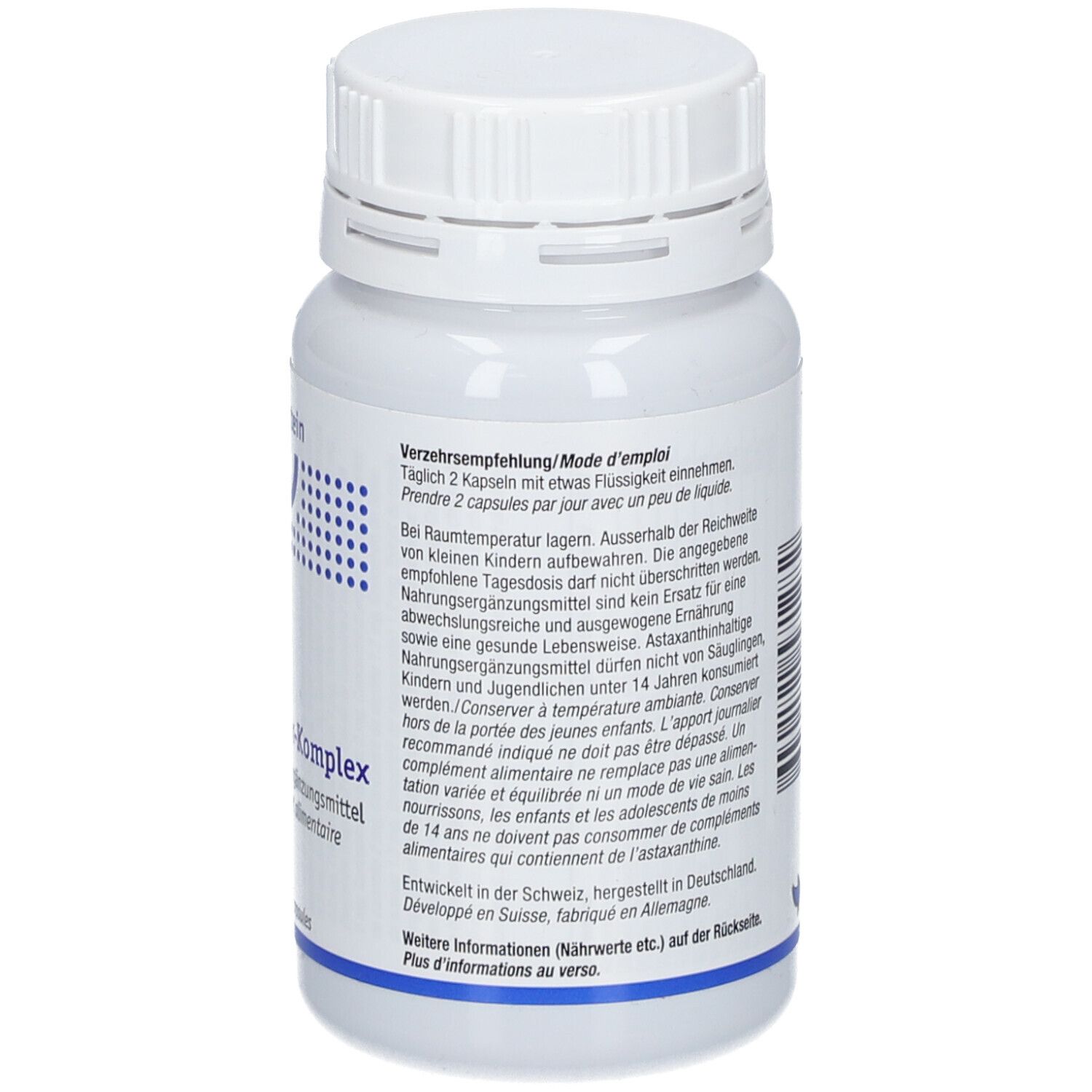 Rückseite der weißen Flasche. Text mit Dosierungsempfehlung. Enthält Informationen zu Inhaltsstoffen.