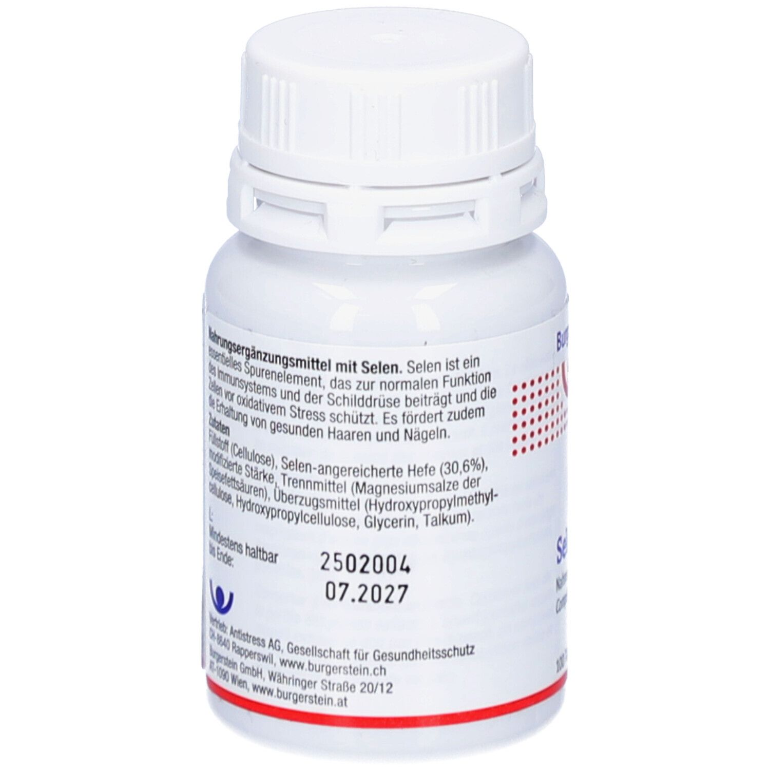 Dos du flacon de comprimés. Texte en allemand. Ingrédients, date de péremption, informations fabricant. Couvercle blanc.