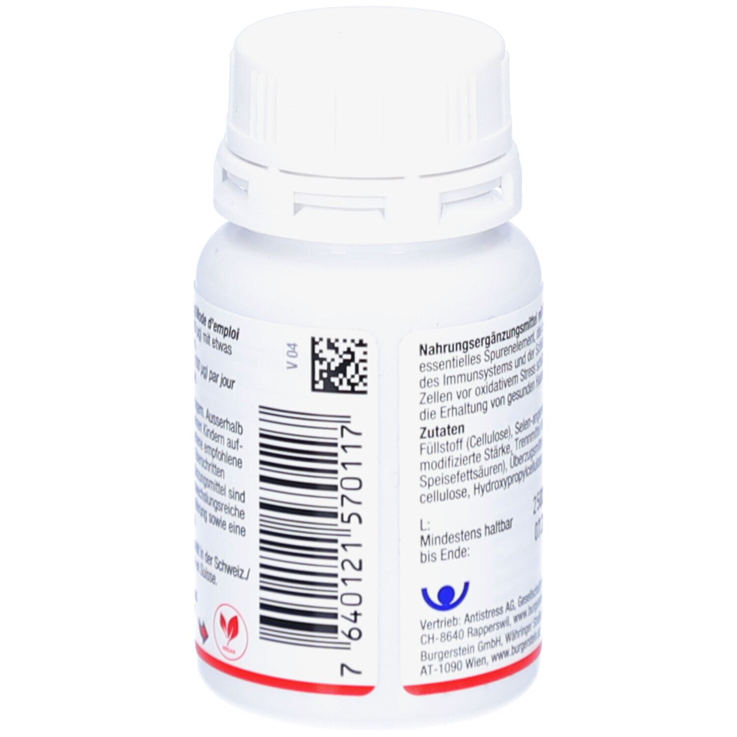 Dos du flacon de comprimés. Texte en allemand. Logo végétalien. Couvercle blanc. Informations fabricant.