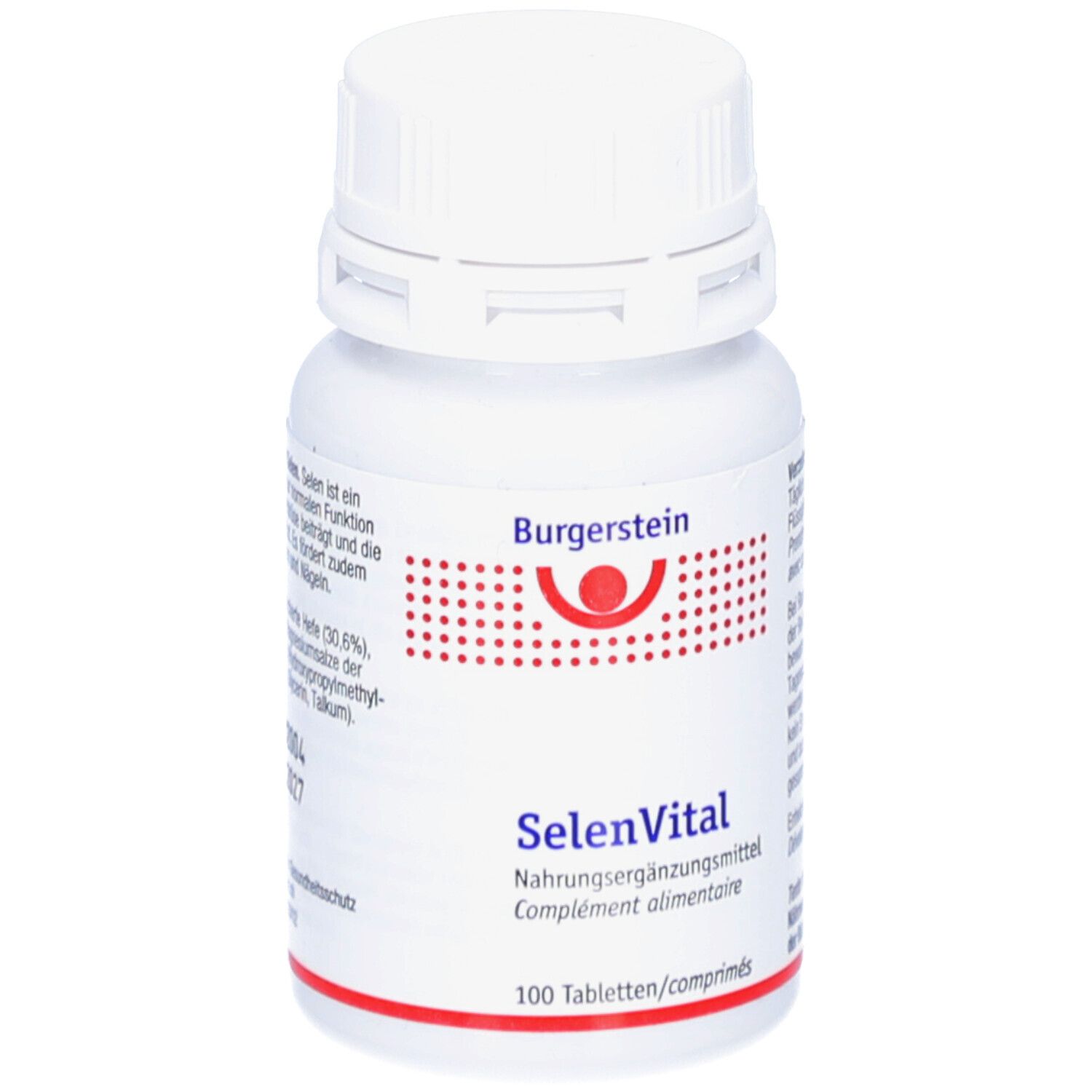 Flacon de comprimés blanc avec texte rouge et bleu. Inscription: Burgerstein, SelenVital, 100 comprimés. Couvercle.