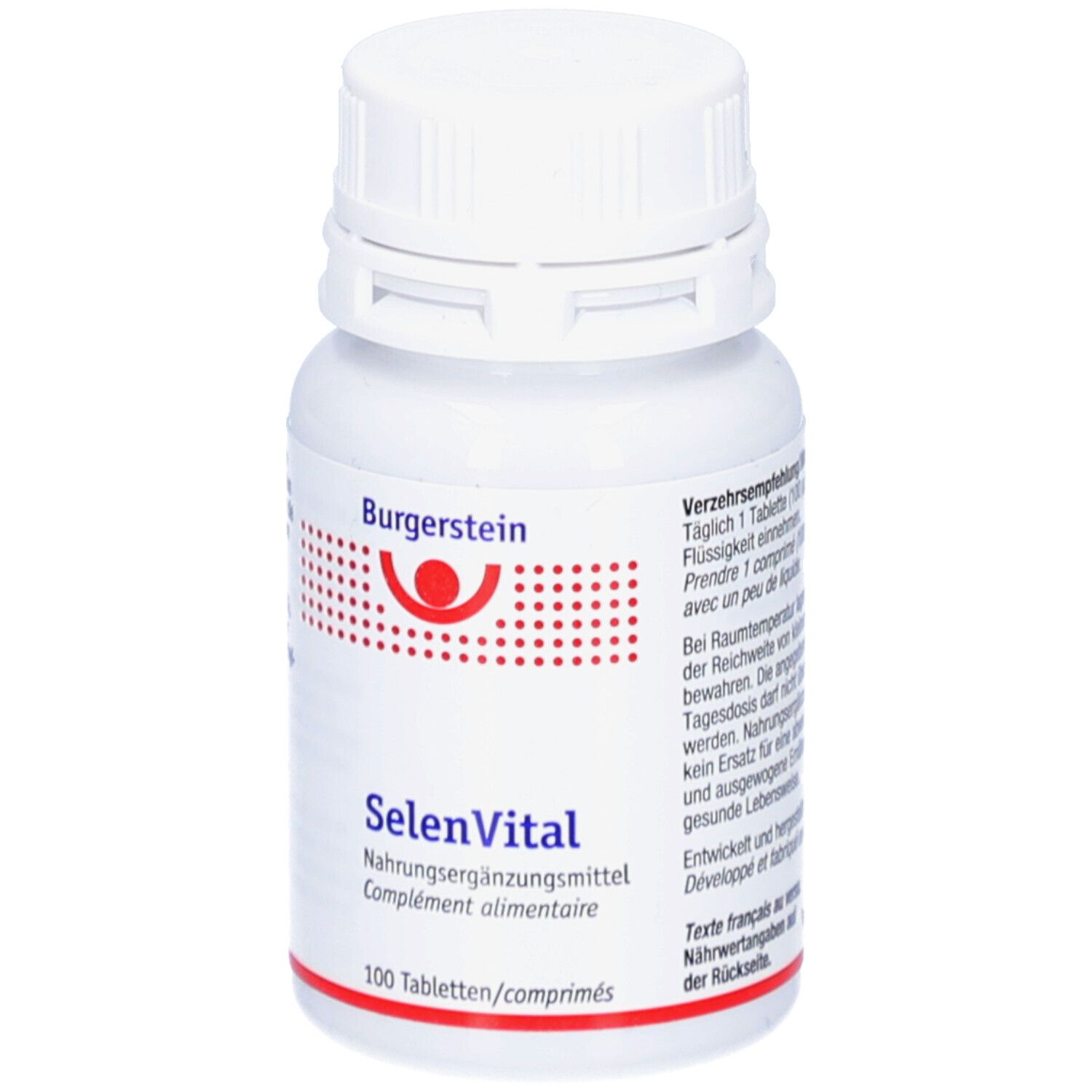 Flacon de comprimés blanc avec texte rouge et bleu. Inscription: Burgerstein, SelenVital, 100 comprimés. Couvercle.