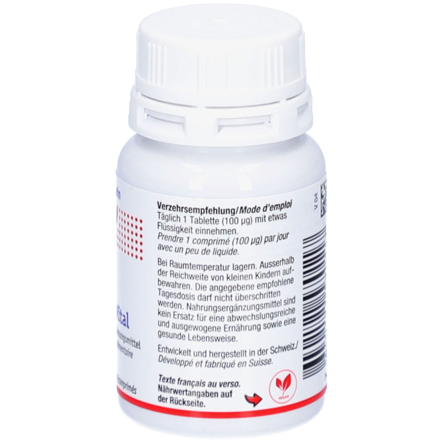 Dos du flacon de comprimés. Texte en allemand et français. Logo végétalien. Couvercle blanc. Dosage.