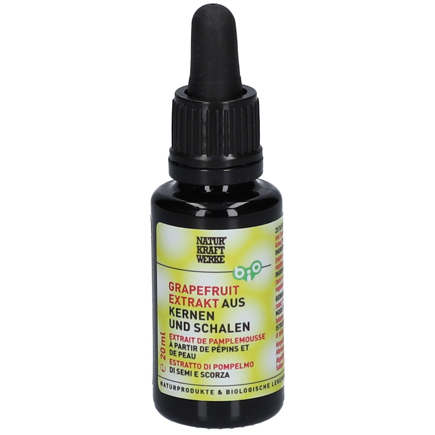 Braune Glasflasche mit schwarzem Tropfer. Aufschrift: Grapefruit Extrakt aus Kernen und Schalen. Bio-Zertifizierung.