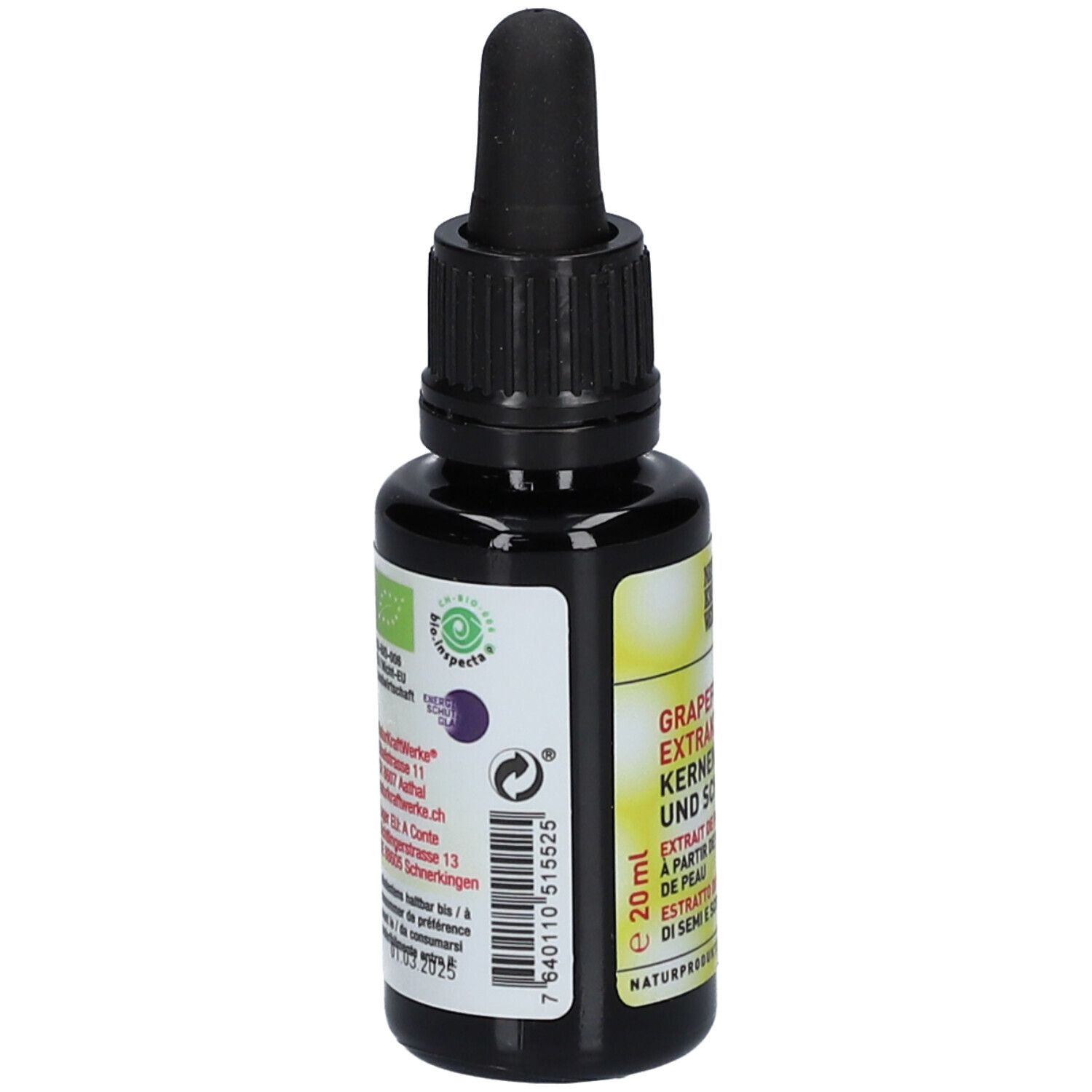 Braune Glasflasche mit schwarzem Tropfer. Aufschrift: 20 ml. Bio-Zertifizierung. Barcode.