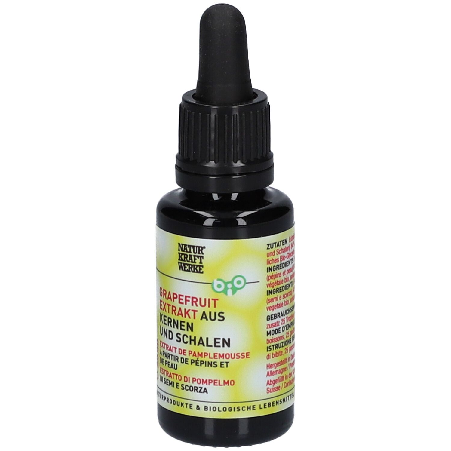 Braune Glasflasche mit schwarzem Tropfer. Aufschrift: Grapefruit Extrakt aus Kernen und Schalen. Bio-Zertifizierung.