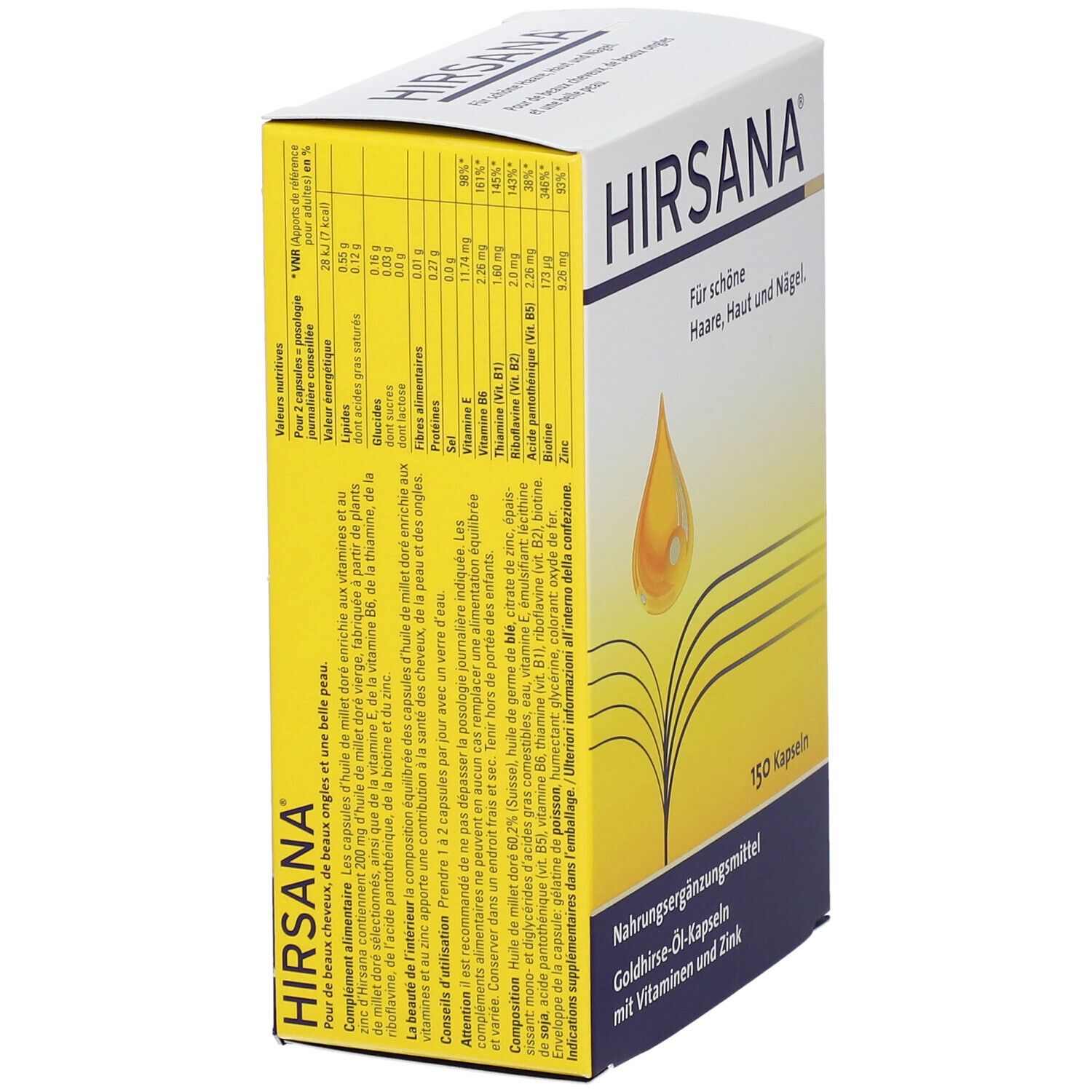 Hirsana Goldhirse-Öl-Kapseln: Nahrungsergänzungsmittel mit Vitaminen und Zink für Haare, Haut und Nägel. 150 Kapseln.