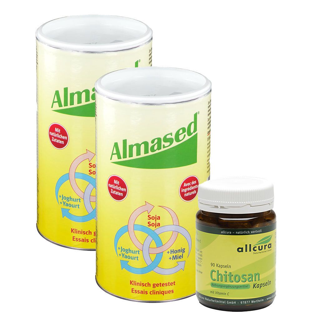Zwei Dosen Almased und eine Flasche allcura Chitosan Kapseln. Gelbe Dosen mit grünem Logo und Text. Braune Flasche mit weißem Deckel.