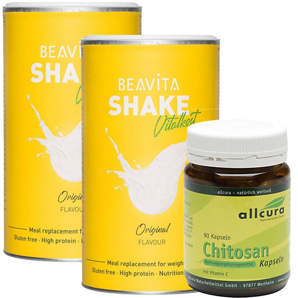 Zwei gelbe Dosen mit "BEAVITA SHAKE" und eine braune Flasche mit "allcura Chitosan" Kapseln. Aufschrift: "Original Flavor".