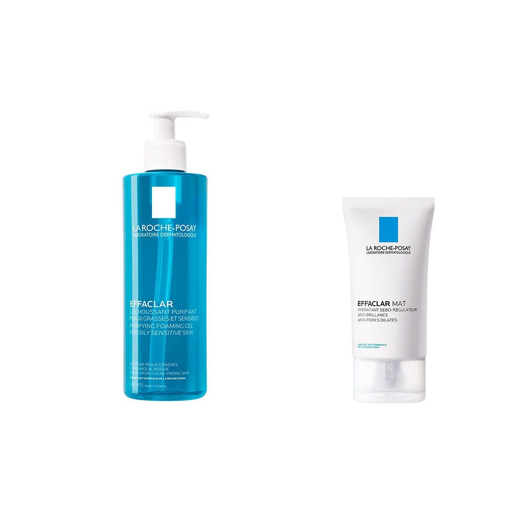 Deux produits cosmétiques : gel bleu avec pompe et tube blanc. Les deux avec logo et texte.